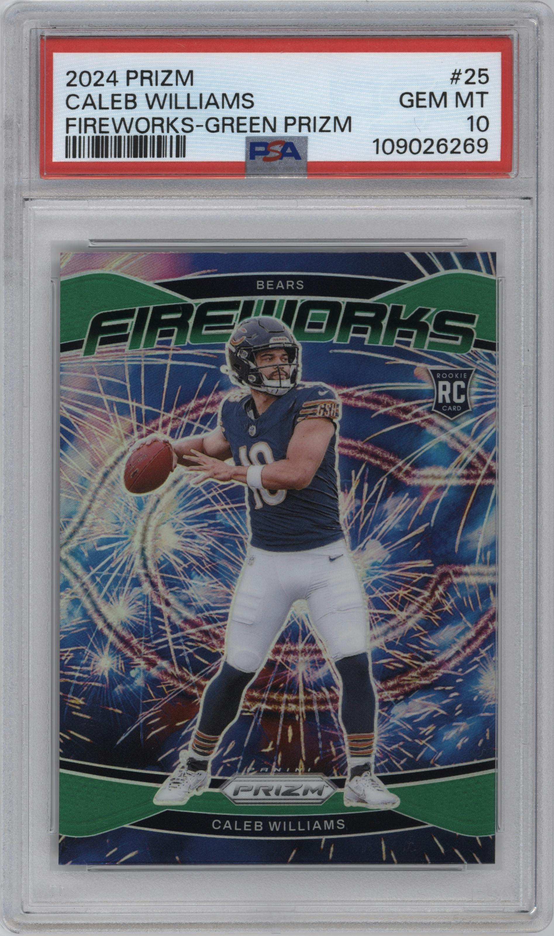 Caleb Williams from the 2024 Panini Prizm set featuring a Green Prizm parallel graded by PSA and given an overall grade of 10.