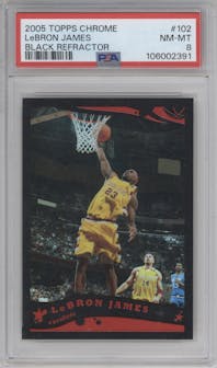  Lebron James from the 2005-06 Topps Chrome set featuring a Black Refractor parallel graded by PSA and given an overall grade of 8.
