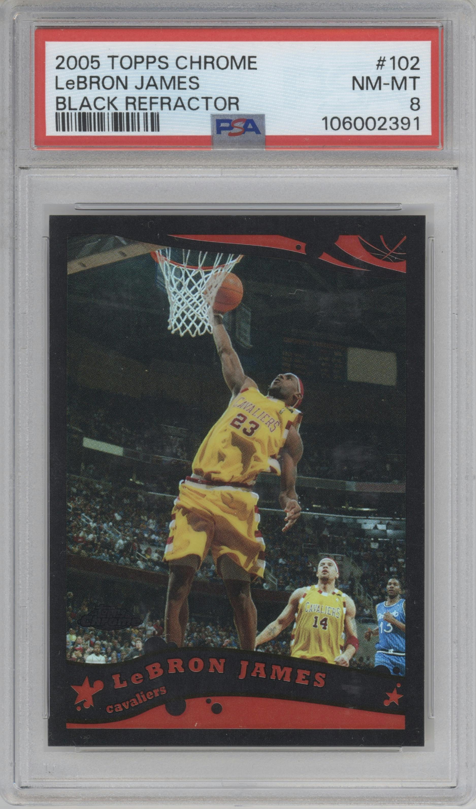  Lebron James from the 2005-06 Topps Chrome set featuring a Black Refractor parallel graded by PSA and given an overall grade of 8.