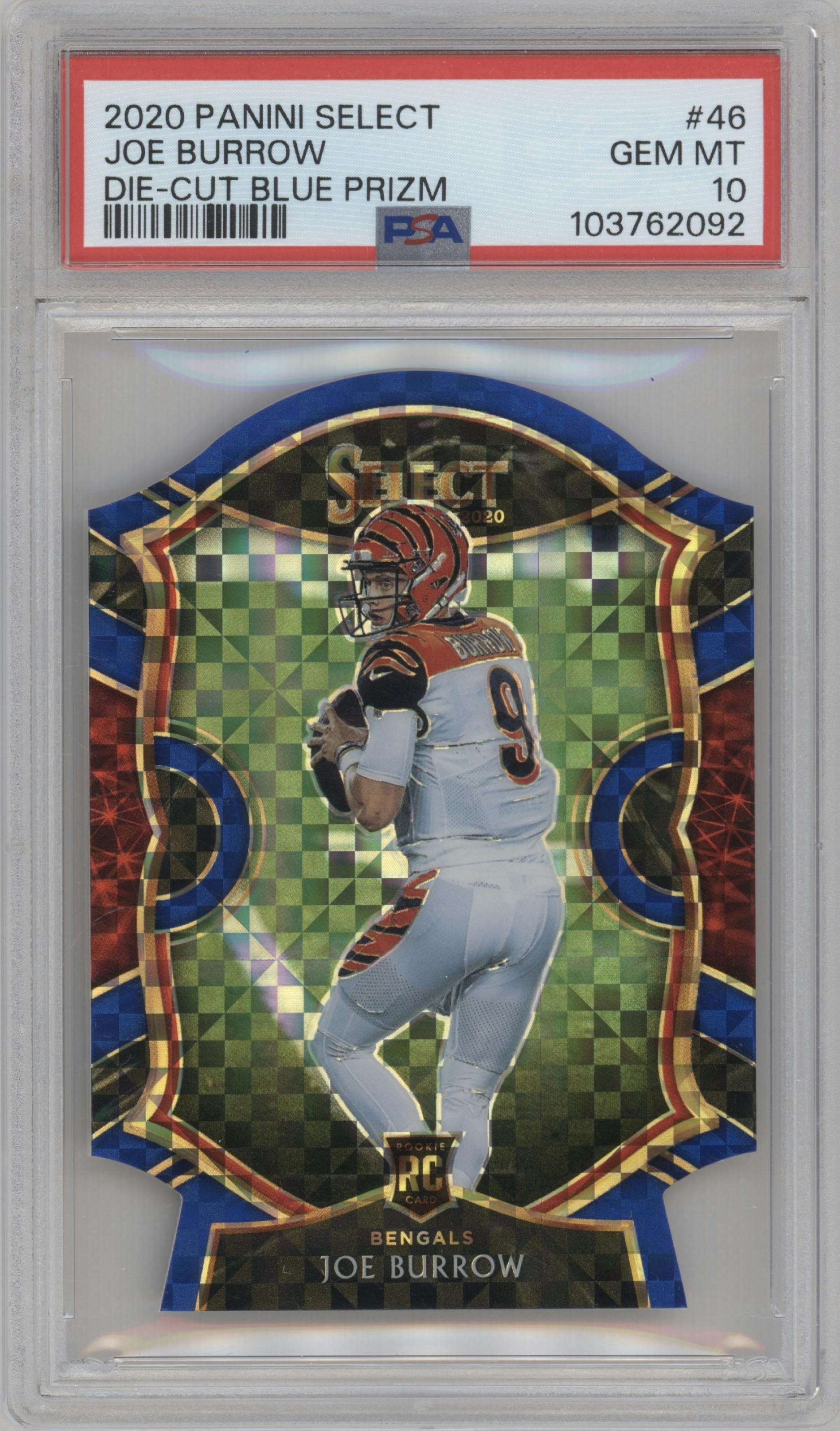 Joe Burrow from the 2020 Panini Select set featuring a Die-Cut Blue  parallel graded by PSA and given an overall grade of 10.