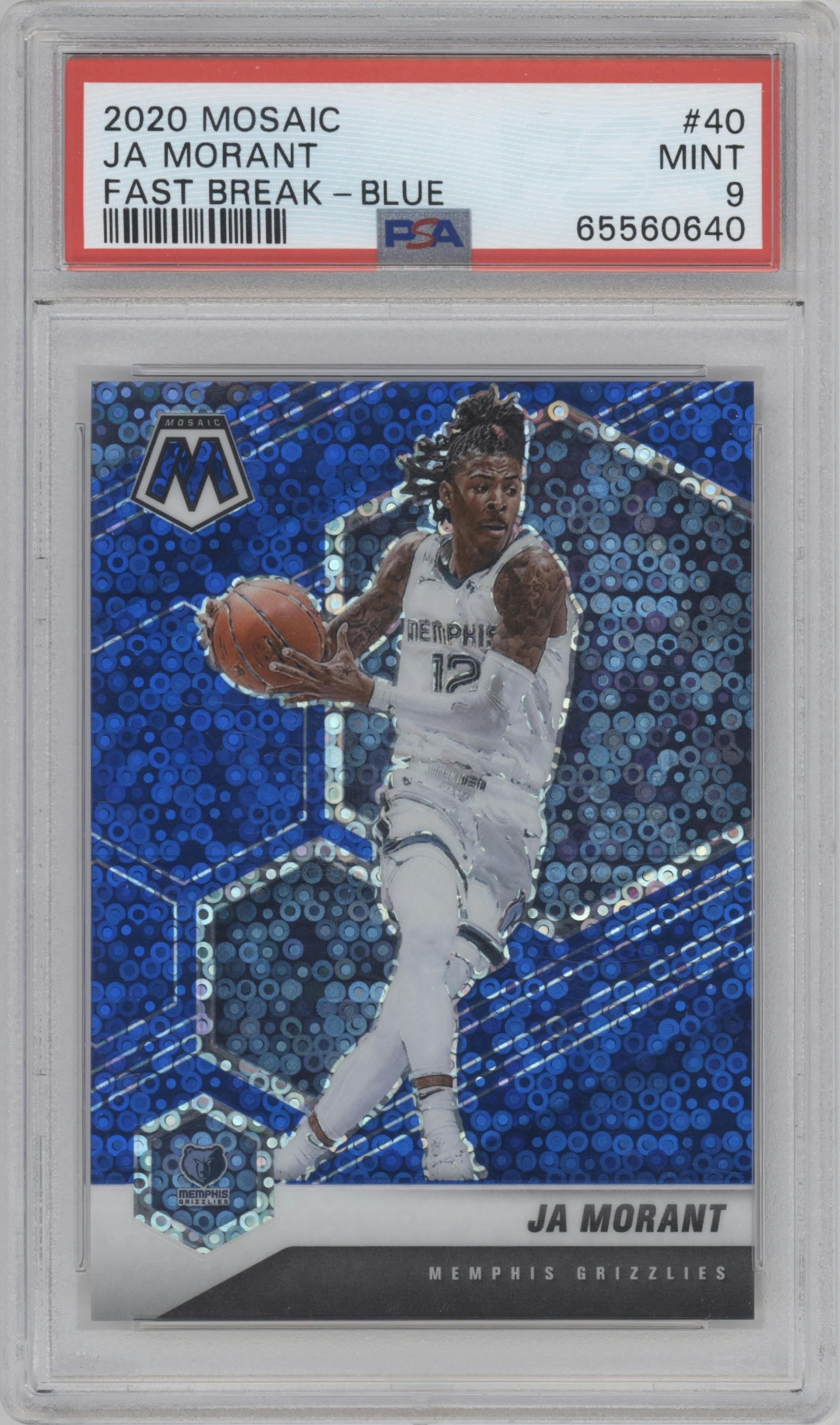 Ja Morant from the 2020-21 Panini Mosaic set featuring a Fast Break Blue parallel graded by PSA and given an overall grade of 9.