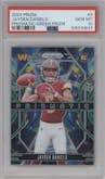 Jayden Daniels from the 2024 Panini Prizm set featuring a Green Prizm parallel graded by PSA and given an overall grade of 10.