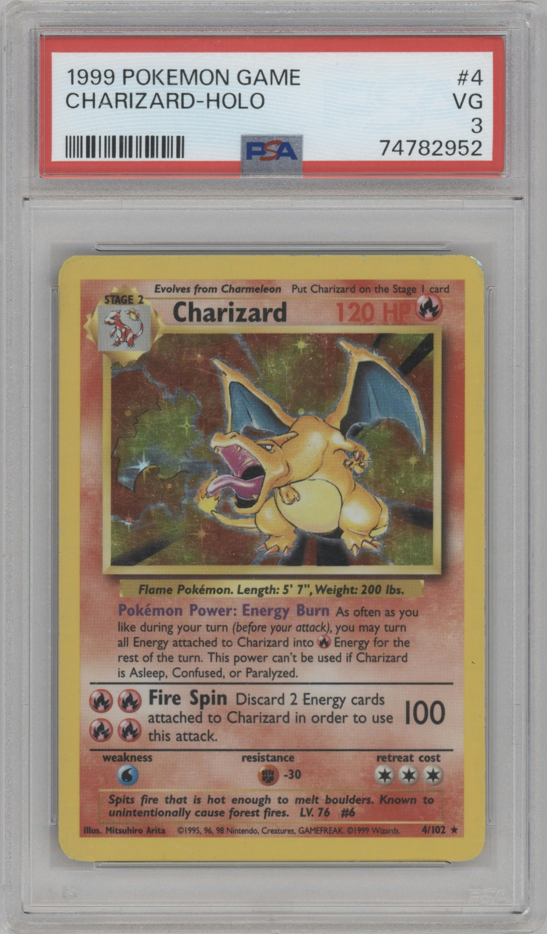 Charizard from the 1999 Pokemon set graded by PSA and given an overall grade of 3.