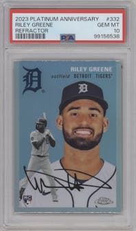 Riley Greene from the 2023 Topps Chrome Platinum Anniversary set featuring a Refractor parallel graded by PSA and given an overall grade of 10.