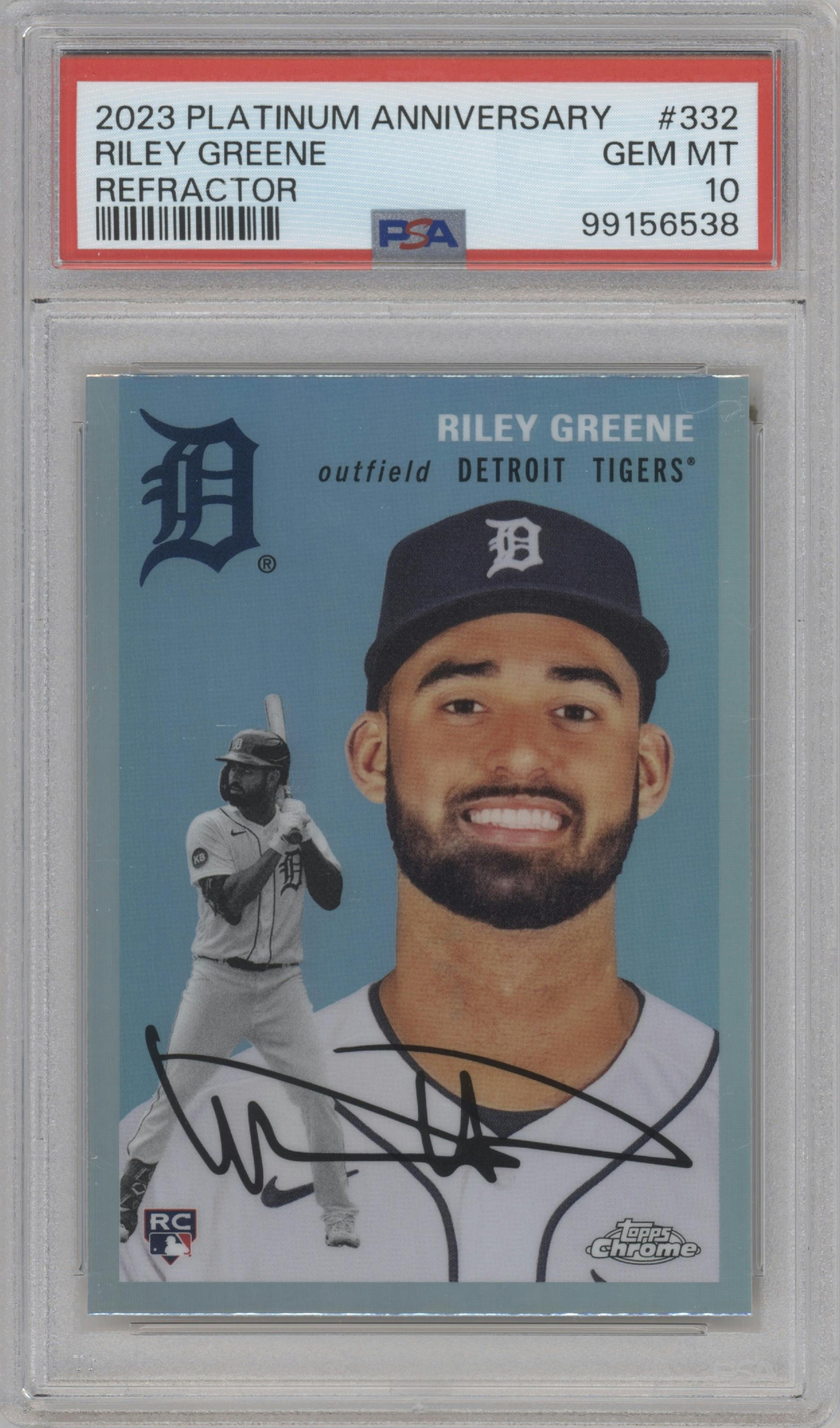 Riley Greene from the 2023 Topps Chrome Platinum Anniversary set featuring a Refractor parallel graded by PSA and given an overall grade of 10.