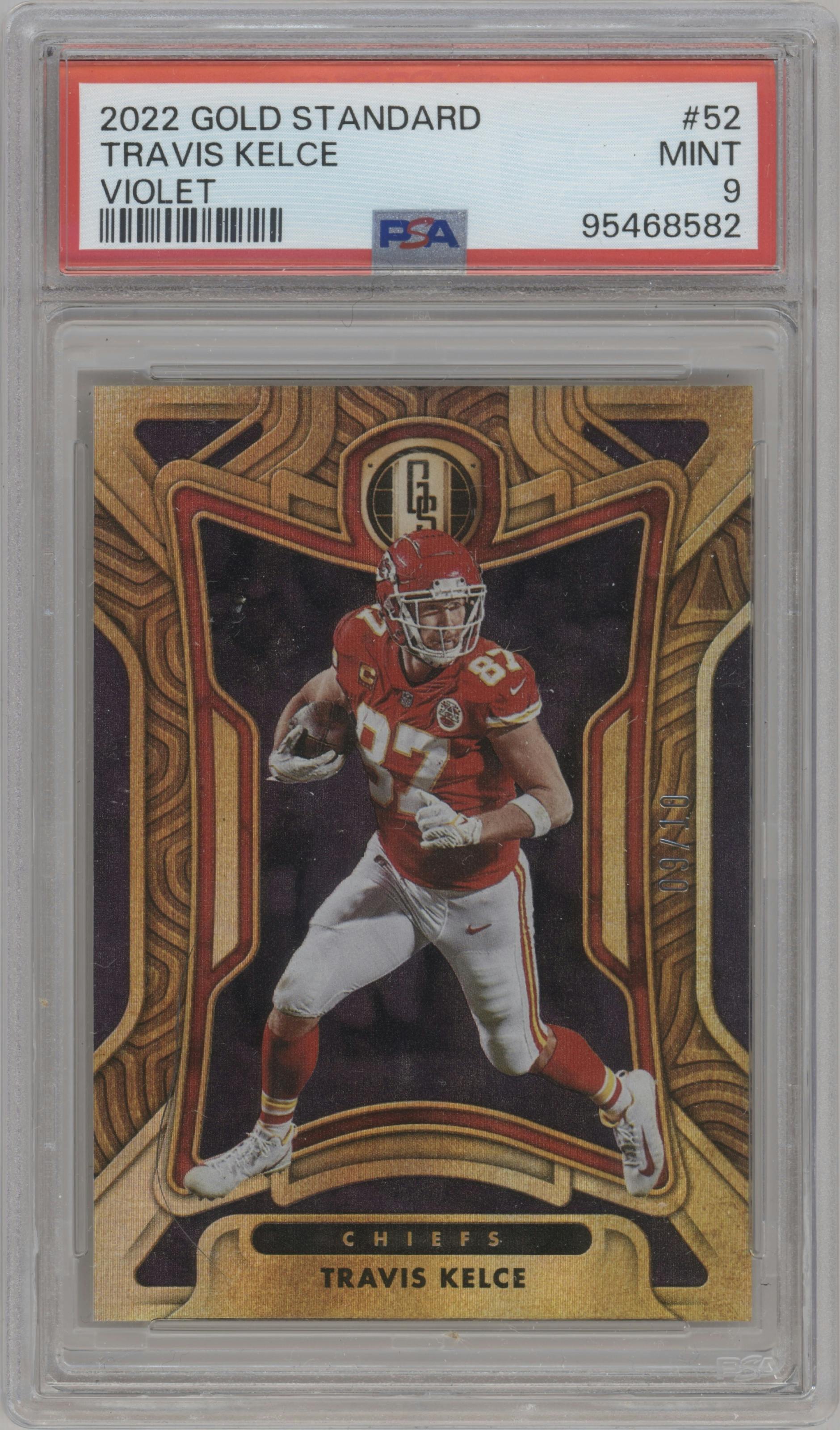 Travis Kelce from the 2022 Panini Gold Standard set featuring a Violet  parallel graded by PSA and given an overall grade of 9.