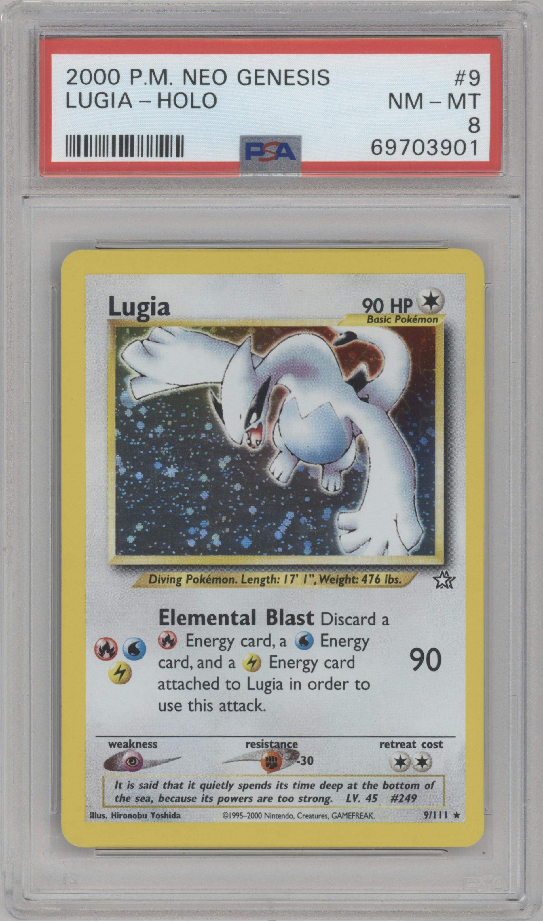 Lugia from the 2000 Pokemon Neo Genesis set graded by PSA and given an overall grade of 8.