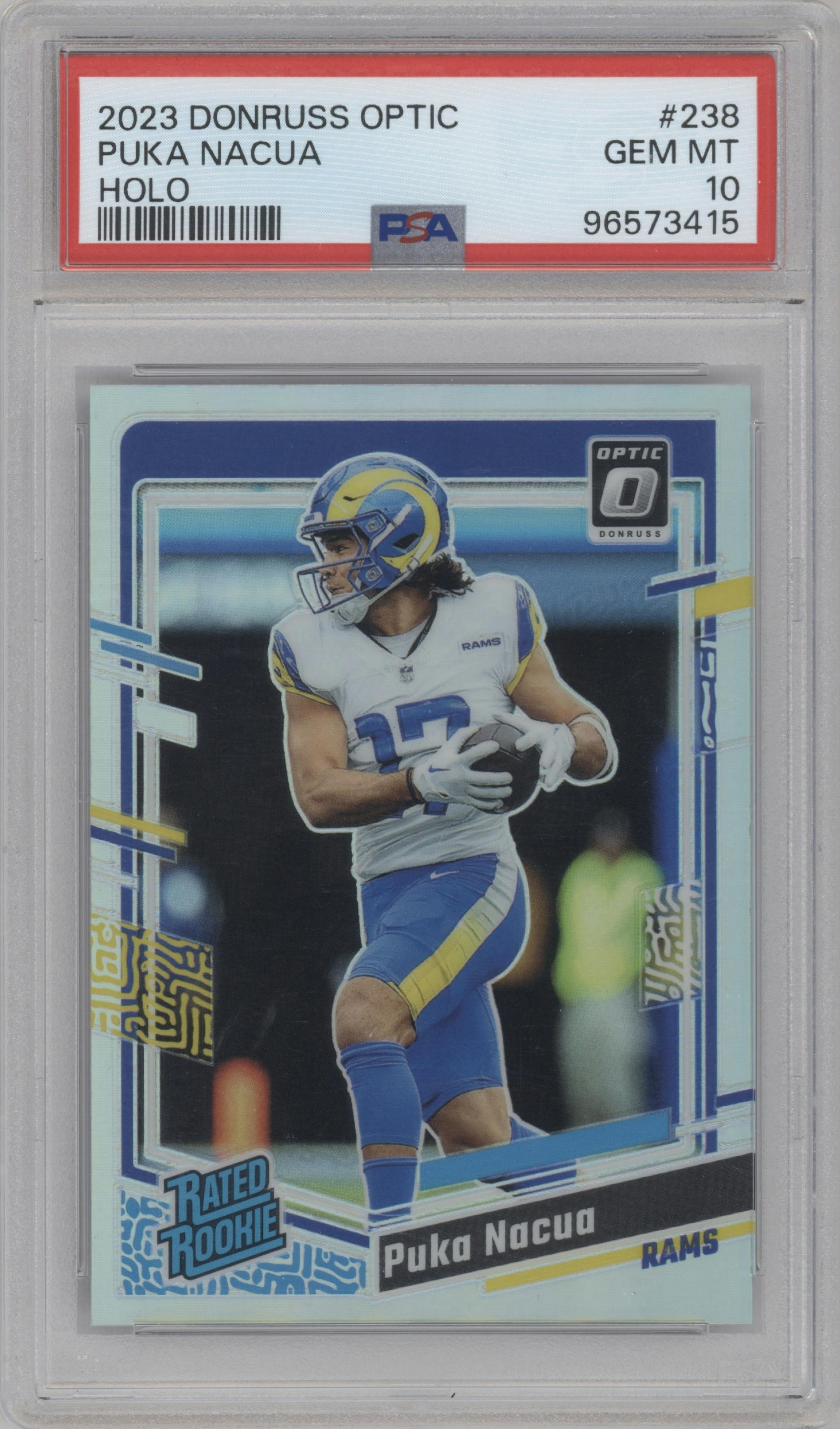 Puka Nacua from the 2023 Donruss Optic set featuring a Holo parallel graded by PSA and given an overall grade of 10.