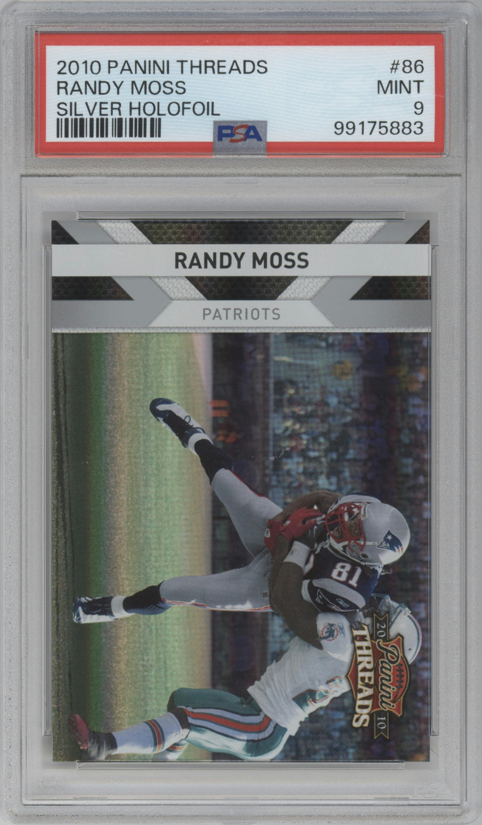 Randy Moss from the 2010 Panini Threads set featuring a Silver Holo parallel graded by PSA and given an overall grade of 9.