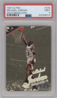 Michael Jordan from the 1997-98 Fleer Ultra set featuring a Gold Medallion parallel graded by PSA and given an overall grade of 9.