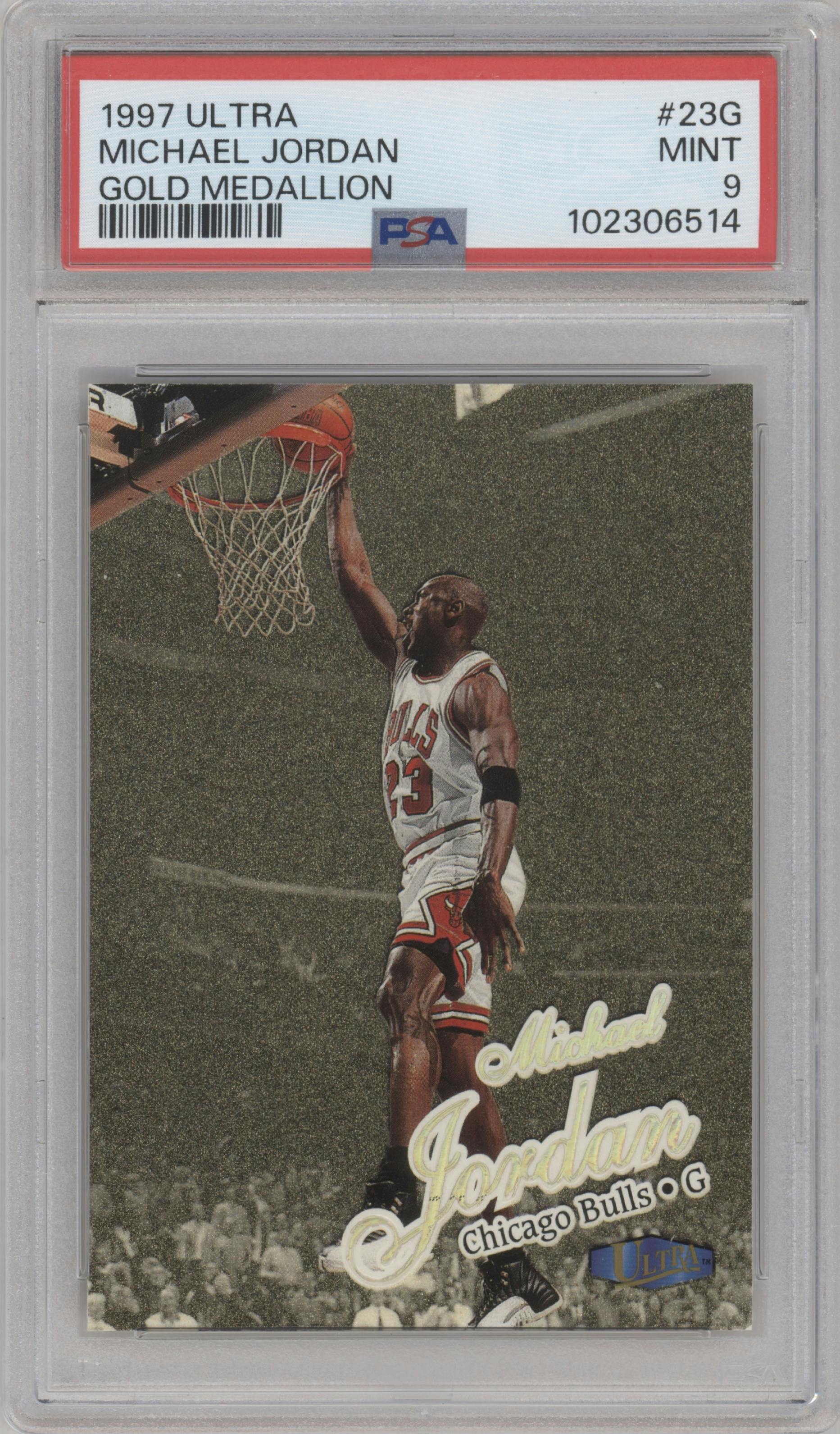 Michael Jordan from the 1997-98 Fleer Ultra set featuring a Gold Medallion parallel graded by PSA and given an overall grade of 9.