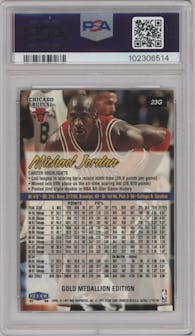 Michael Jordan from the 1997-98 Fleer Ultra set featuring a Gold Medallion parallel graded by PSA and given an overall grade of 9.