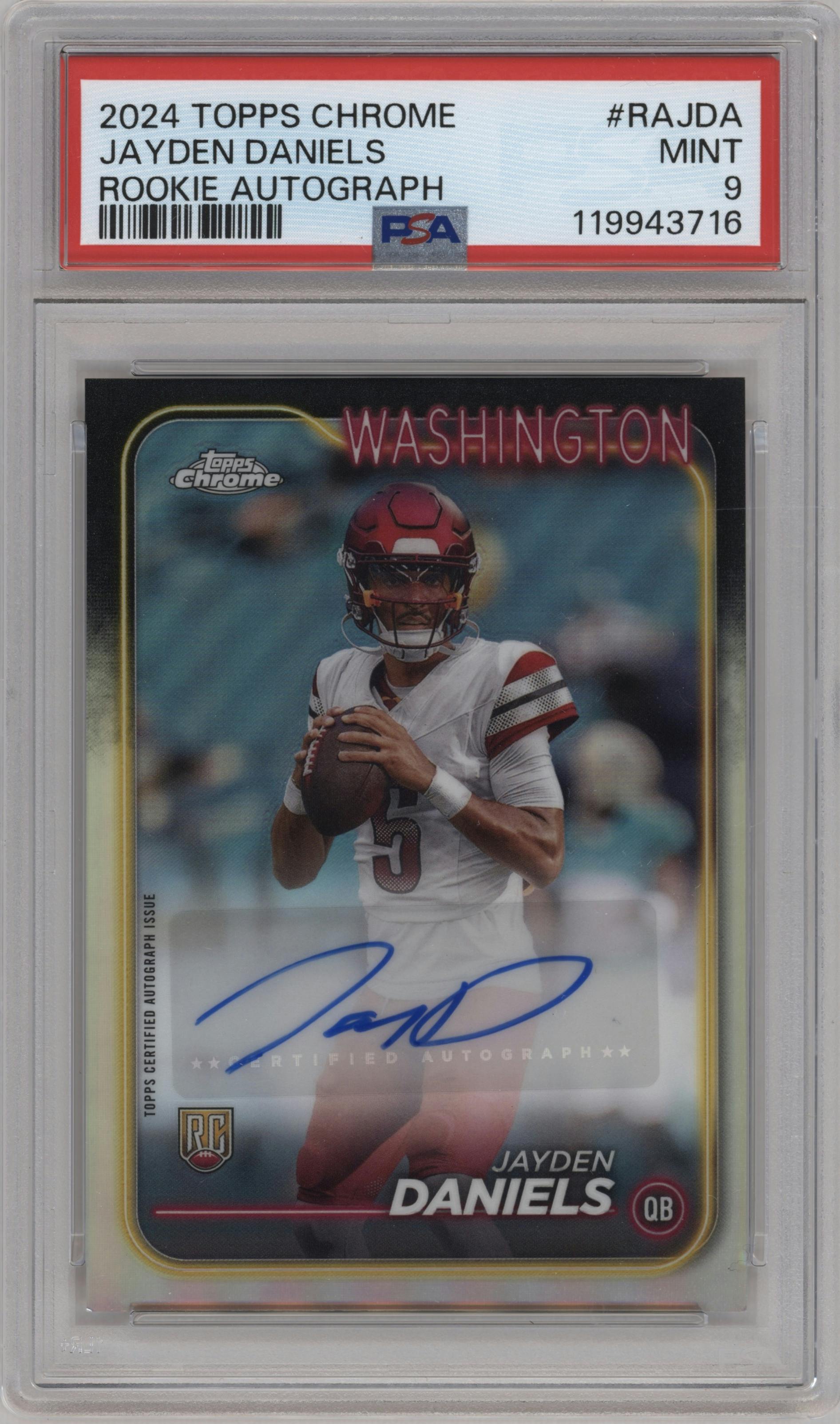 Jayden Daniels from the 2024 Topps Chrome set graded by PSA and given an overall grade of 9.