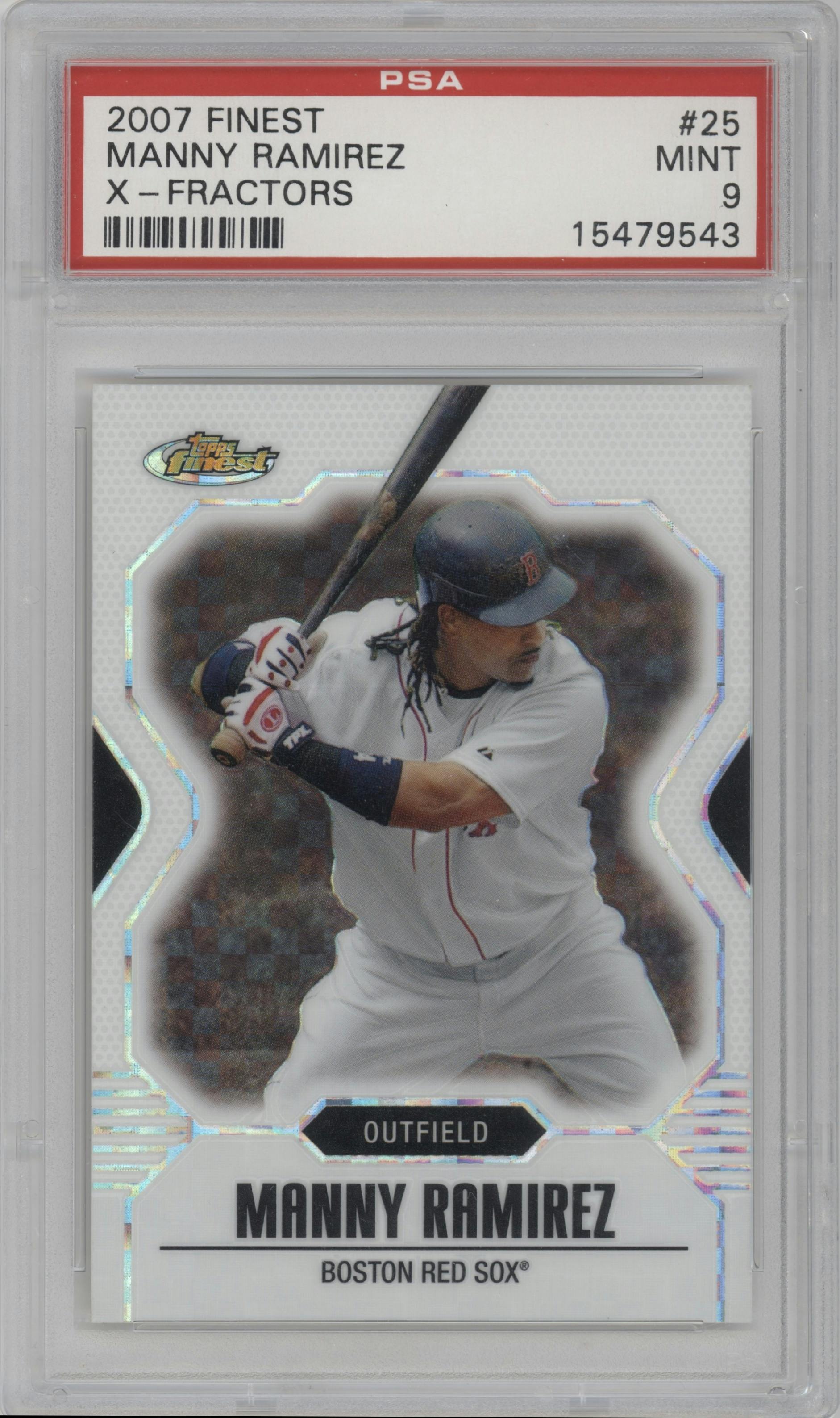 Manny Ramirez from the 2007 Topps Finest set featuring a X-Fractors parallel graded by PSA and given an overall grade of 9.