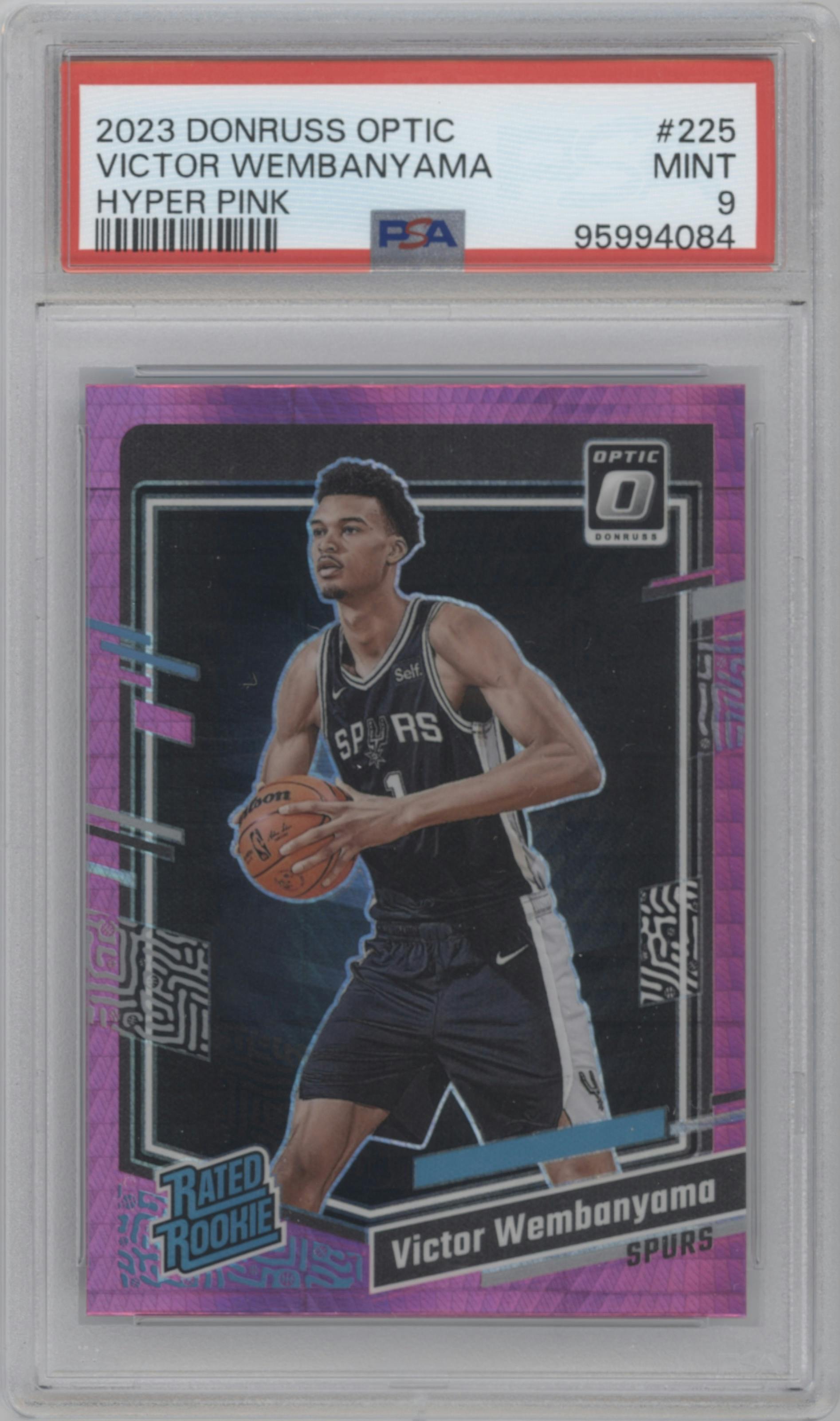 Victor Wembanyama from the 2023-24 Donruss Optic set featuring a Hyper Pink parallel graded by PSA and given an overall grade of 9.