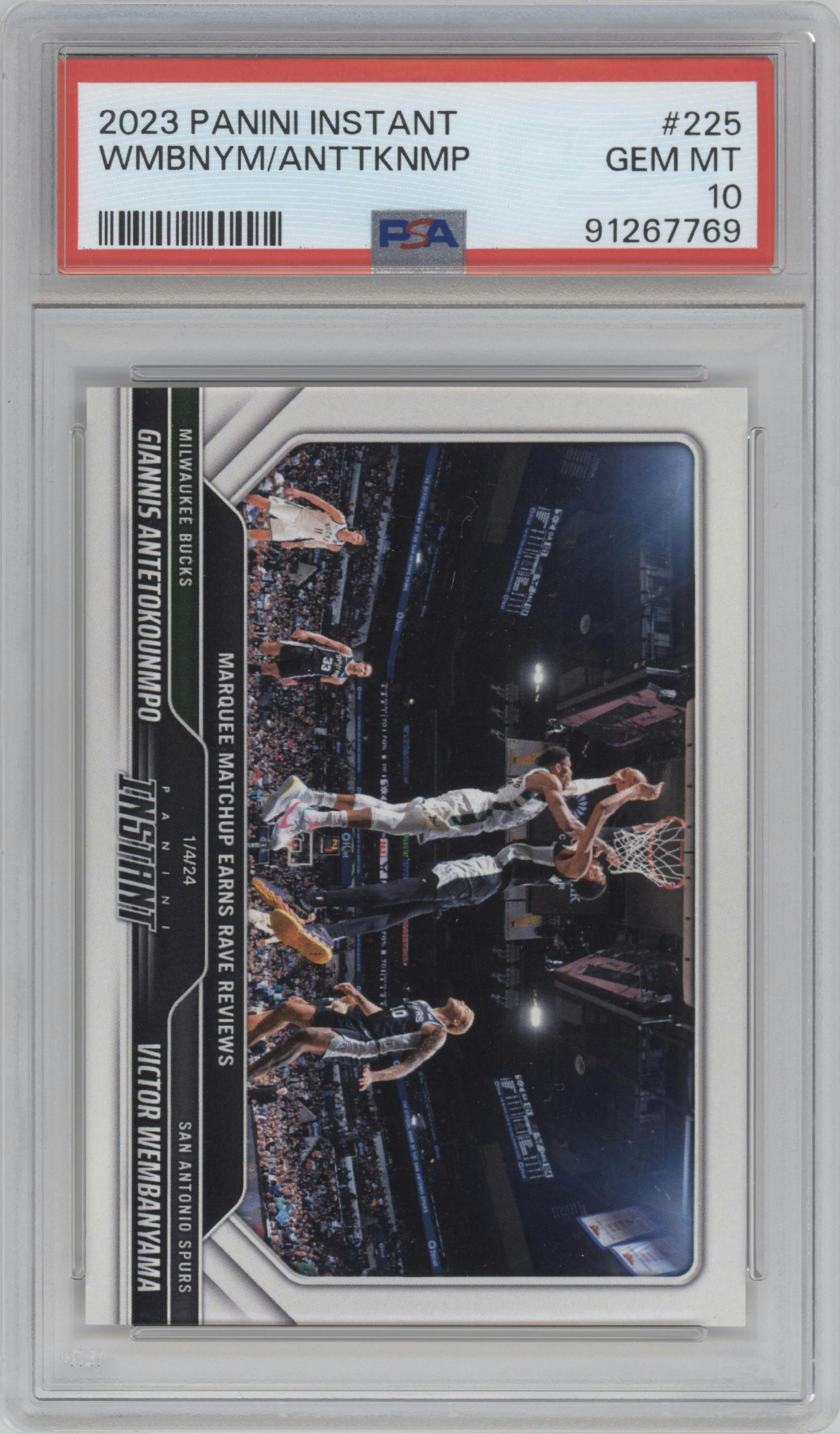 Giannis Antetokounmpo/Victor Wembanyama from the 2023-24 Panini Instant NBA set graded by PSA and given an overall grade of 10.