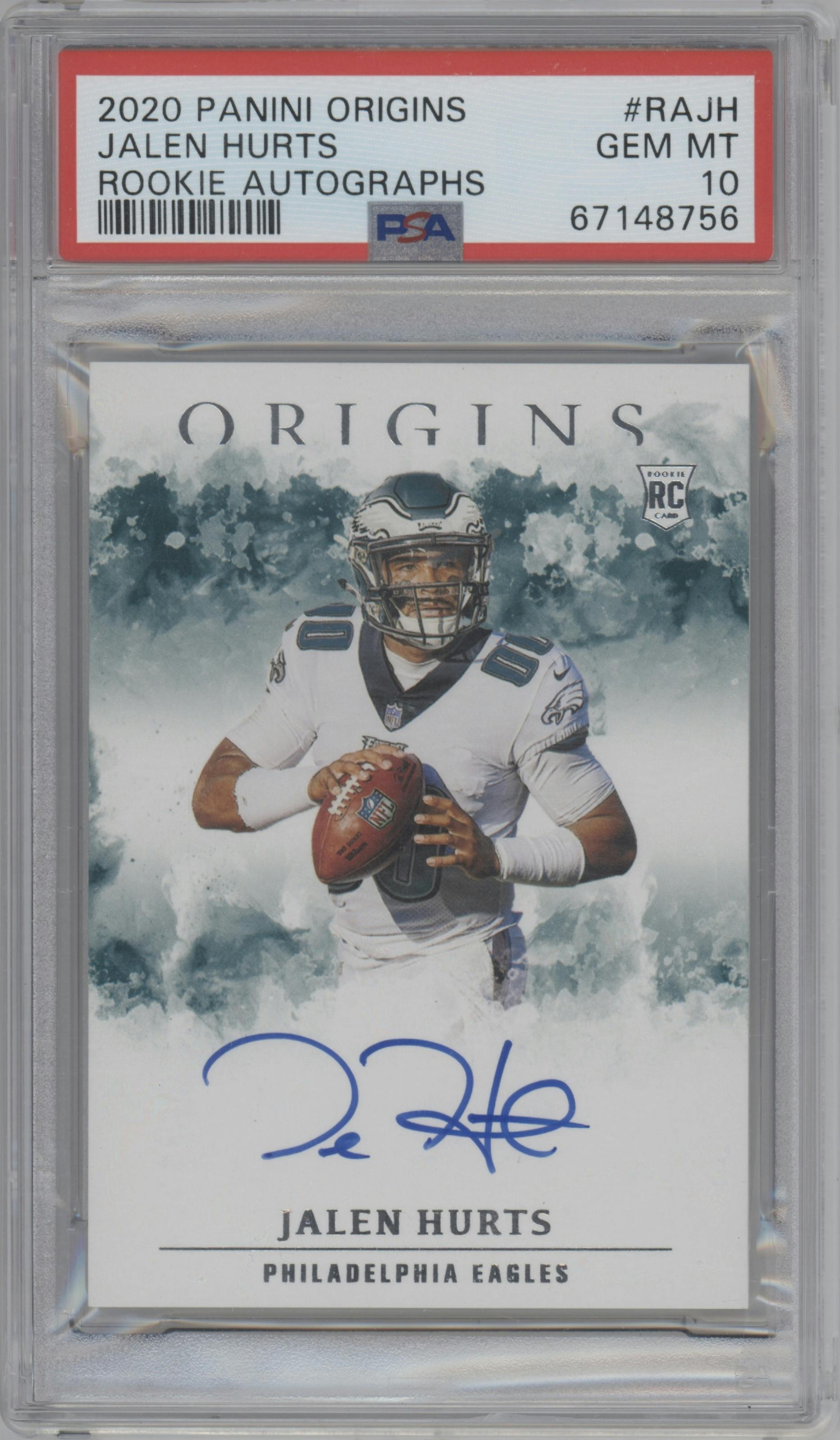 Jalen Hurts from the 2020 Panini Origins set graded by PSA and given an overall grade of 10.
