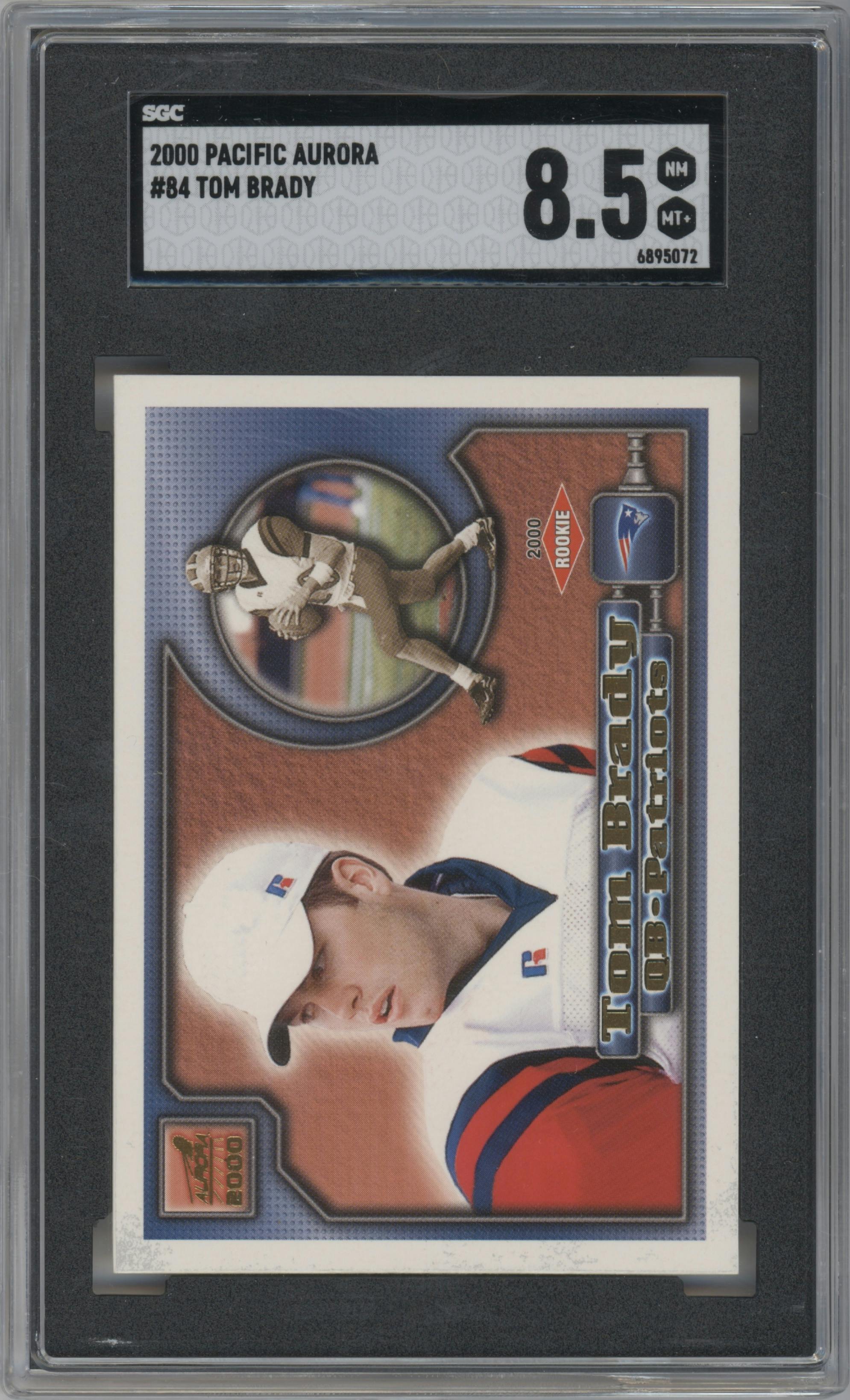 Tom Brady from the 2000 Pacific Aurora set graded by SGC and given an overall grade of 8.5.