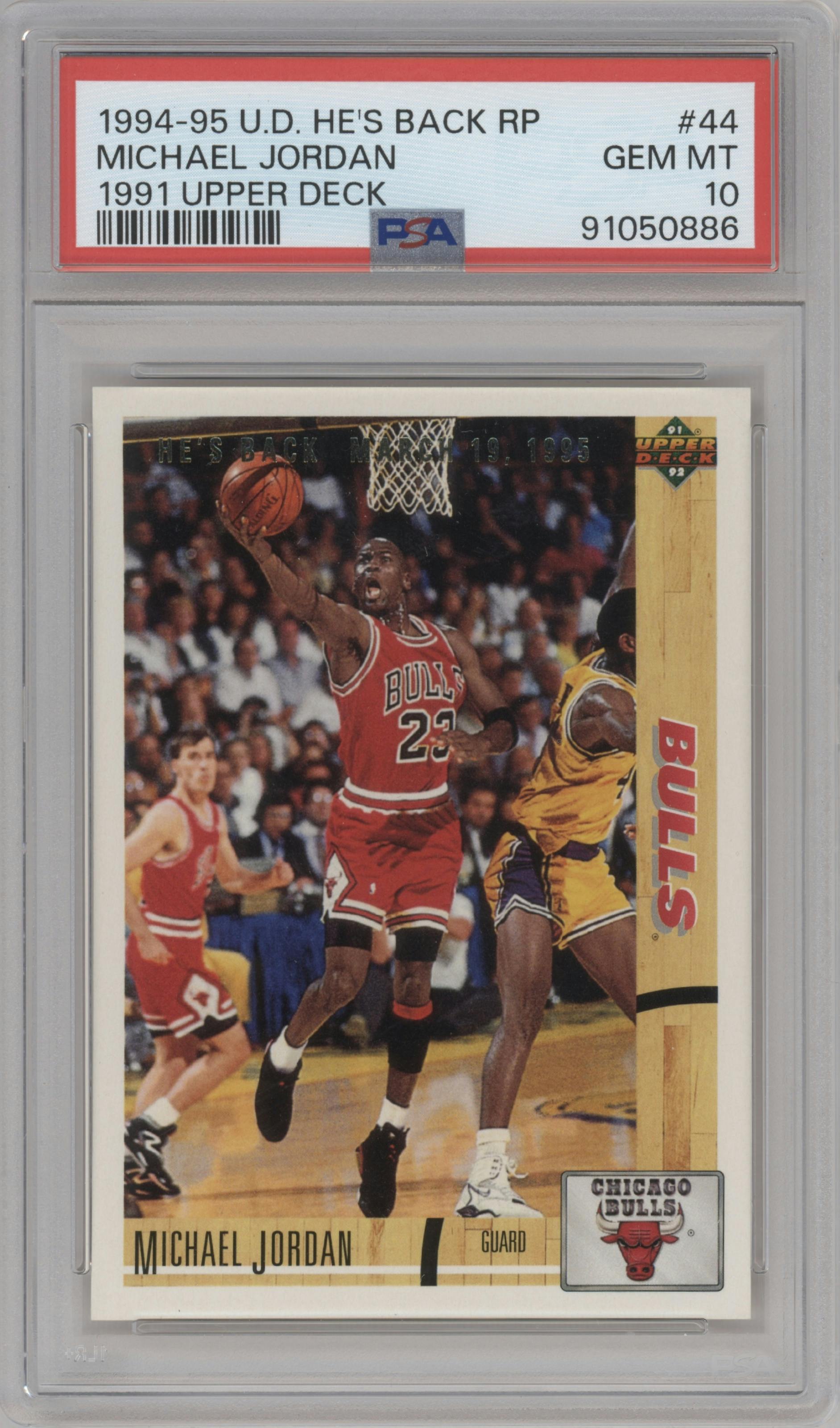 Michael Jordan from the 1994-95 Upper Deck Michael Jordan He's Back Reprints set graded by PSA and given an overall grade of 10.