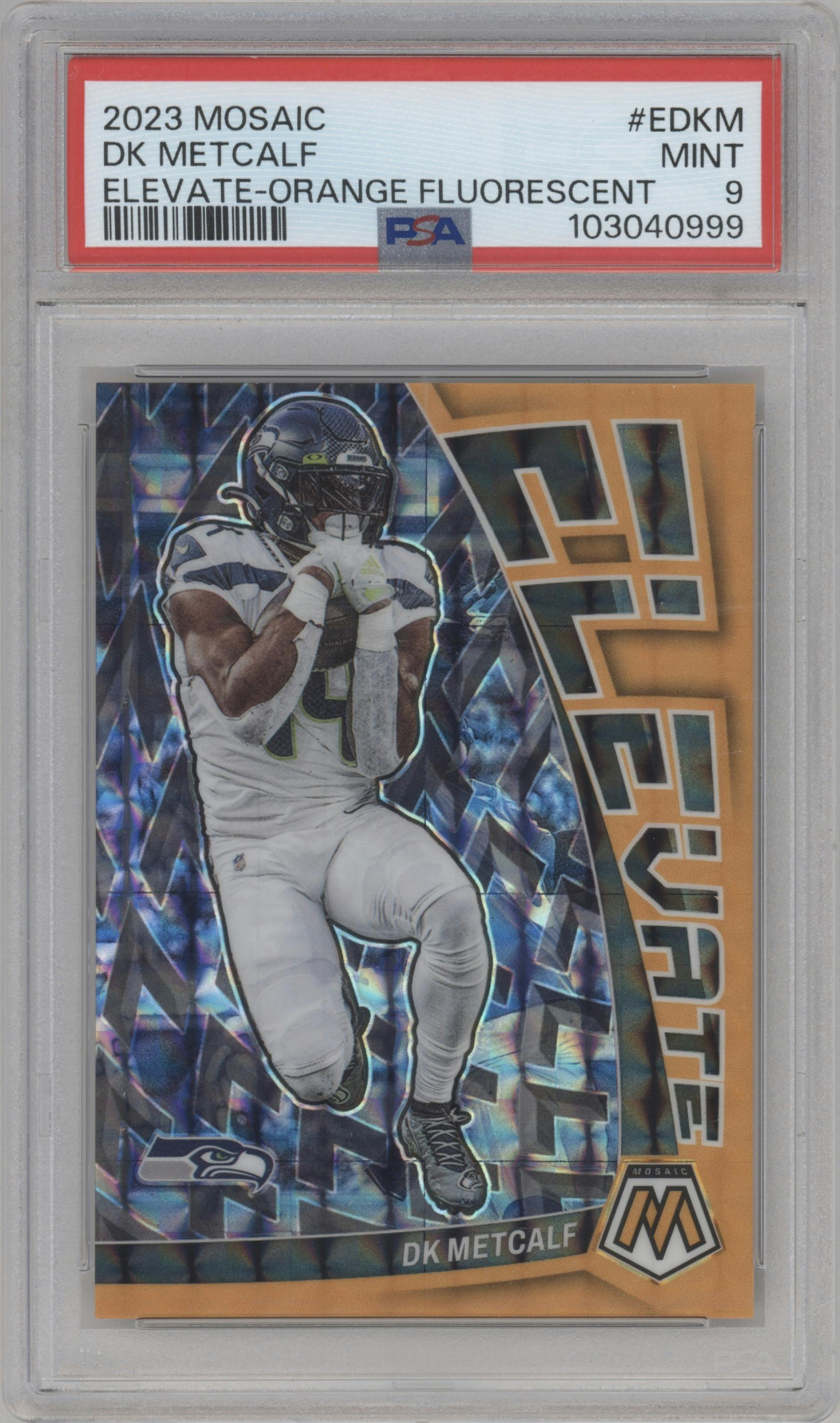 DK Metcalf from the 2023 Panini Mosaic set featuring a Orange Fluorescent parallel graded by PSA and given an overall grade of 9.