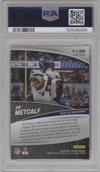 DK Metcalf from the 2023 Panini Mosaic set featuring a Orange Fluorescent parallel graded by PSA and given an overall grade of 9.