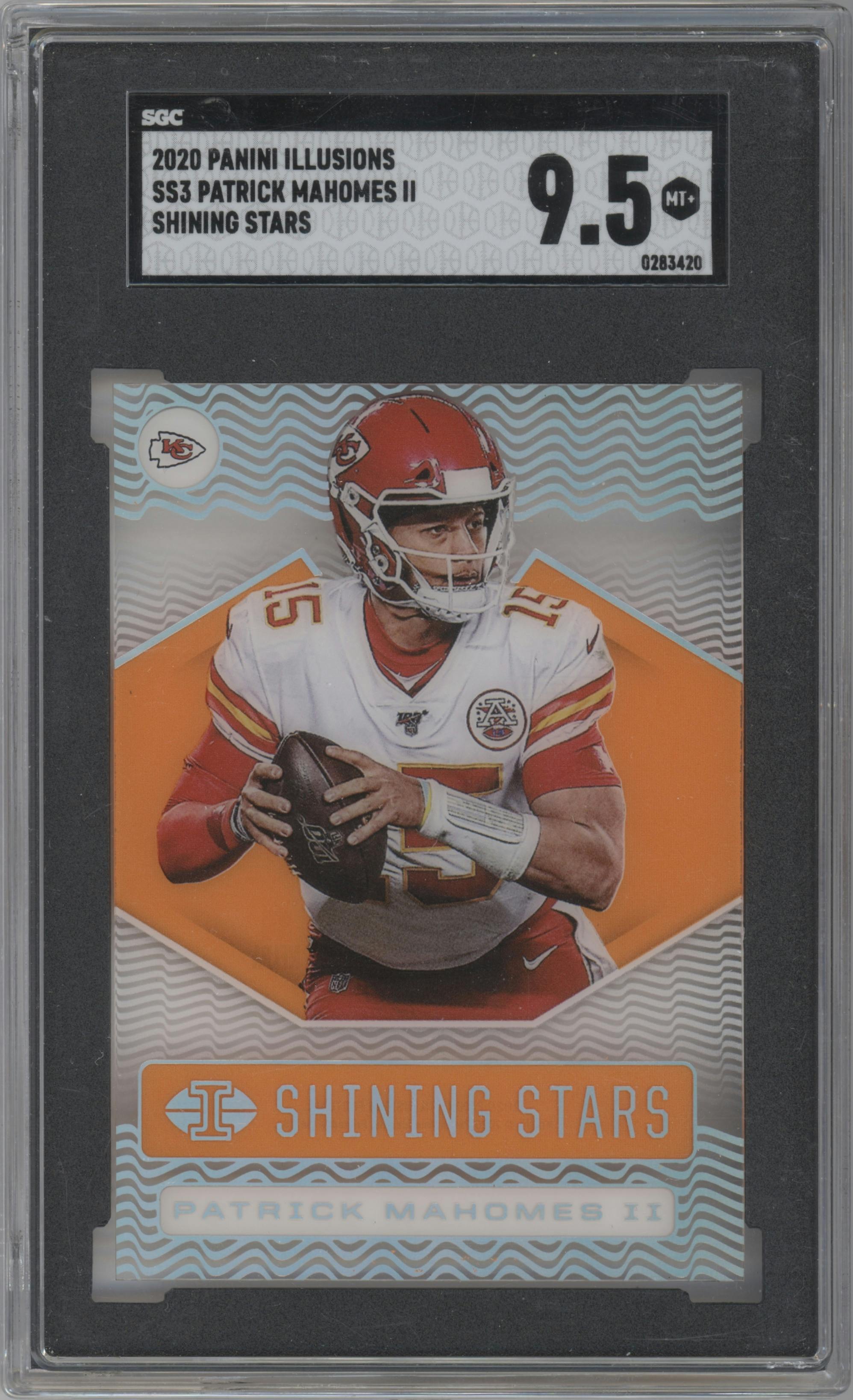 Patrick Mahomes II from the 2020 Panini Illusions set featuring a Orange parallel graded by SGC and given an overall grade of 9.5.