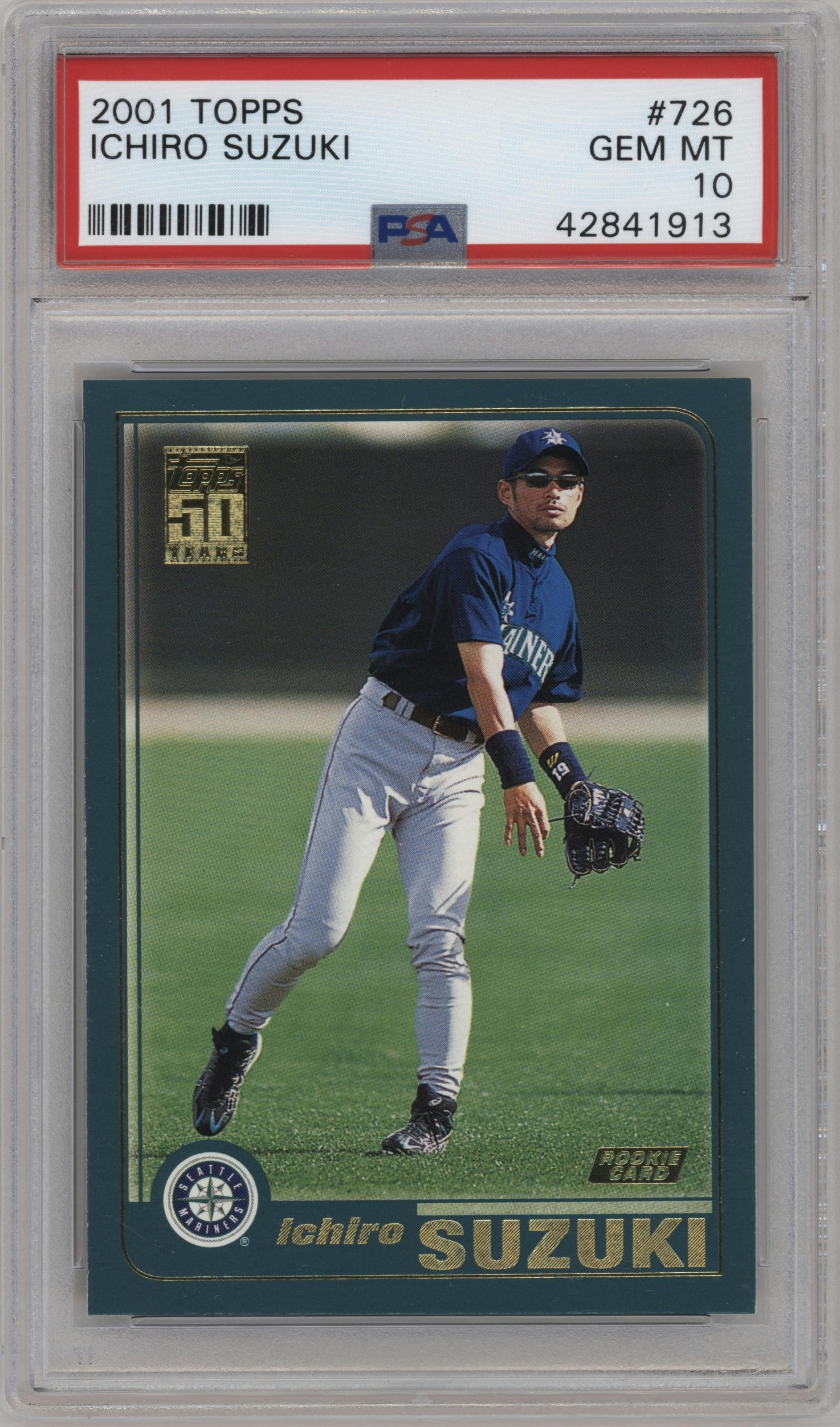 Ichiro Suzuki from the 2001 Topps set graded by PSA and given an overall grade of 10.