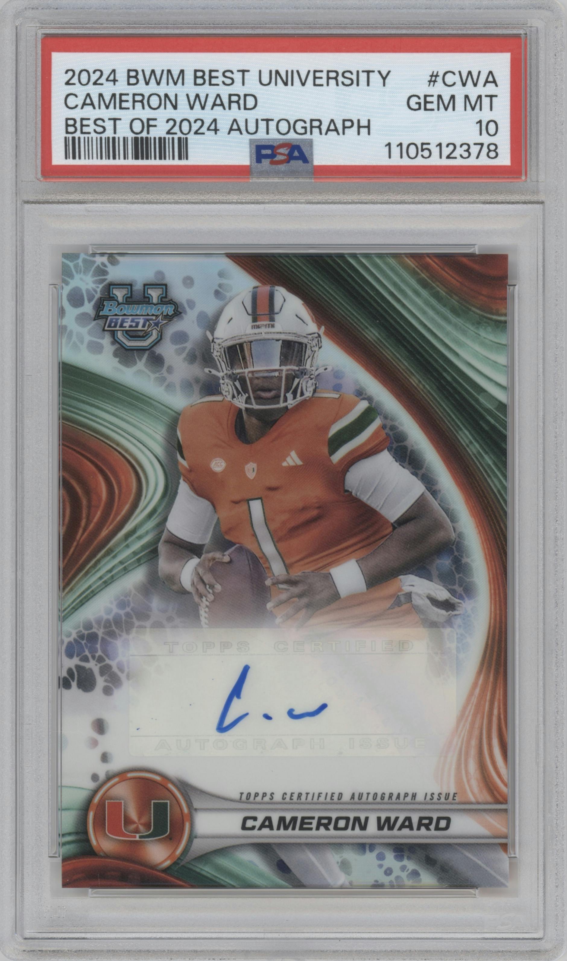Cameron Ward from the 2024 Bowman University Best set graded by PSA and given an overall grade of 10.