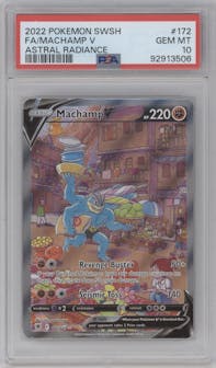 Machamp V from the 2022 Pokemon SWSH set graded by PSA and given an overall grade of 10.