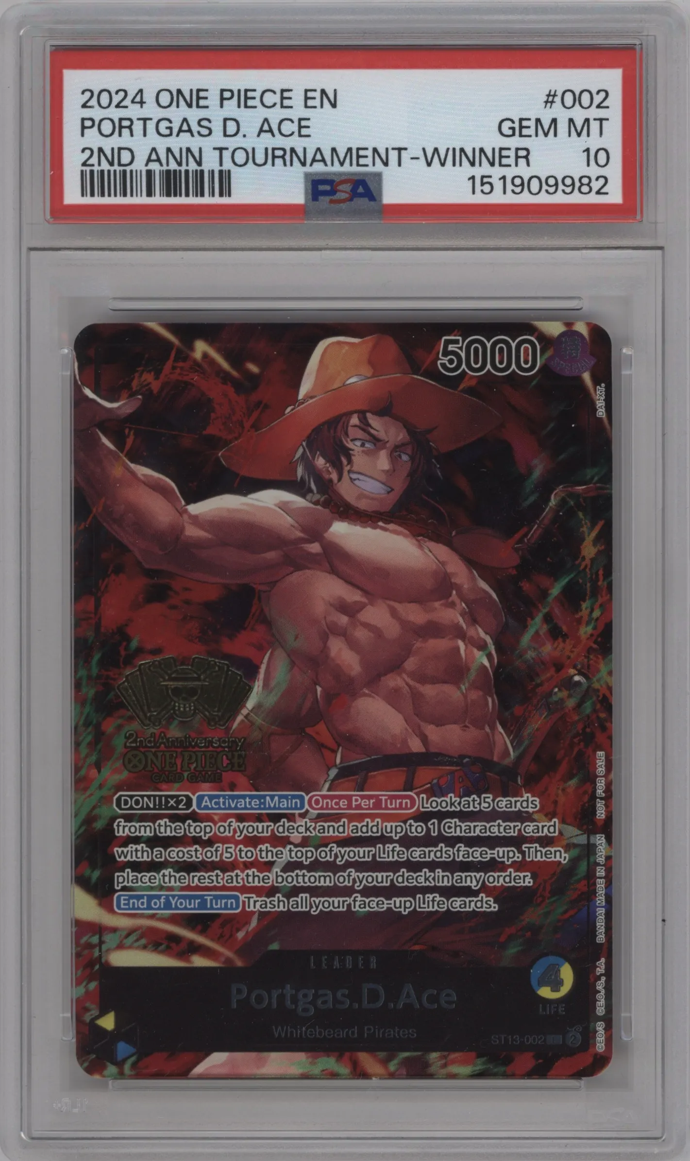 2024 One Piece 2nd Anniv.Tournament Portgas.D.Ace Winner PSA 10