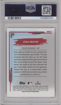 Evan Carter from the 2024 Bowman Chrome Mega Box set featuring a Orange Refractor parallel graded by PSA and given an overall grade of 9.