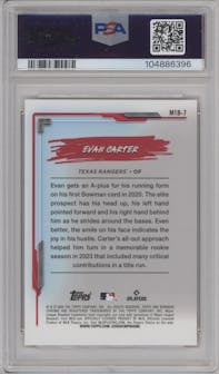 Evan Carter from the 2024 Bowman Chrome Mega Box set featuring a Orange Refractor parallel graded by PSA and given an overall grade of 9.