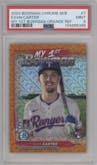 Evan Carter from the 2024 Bowman Chrome Mega Box set featuring a Orange Refractor parallel graded by PSA and given an overall grade of 9.