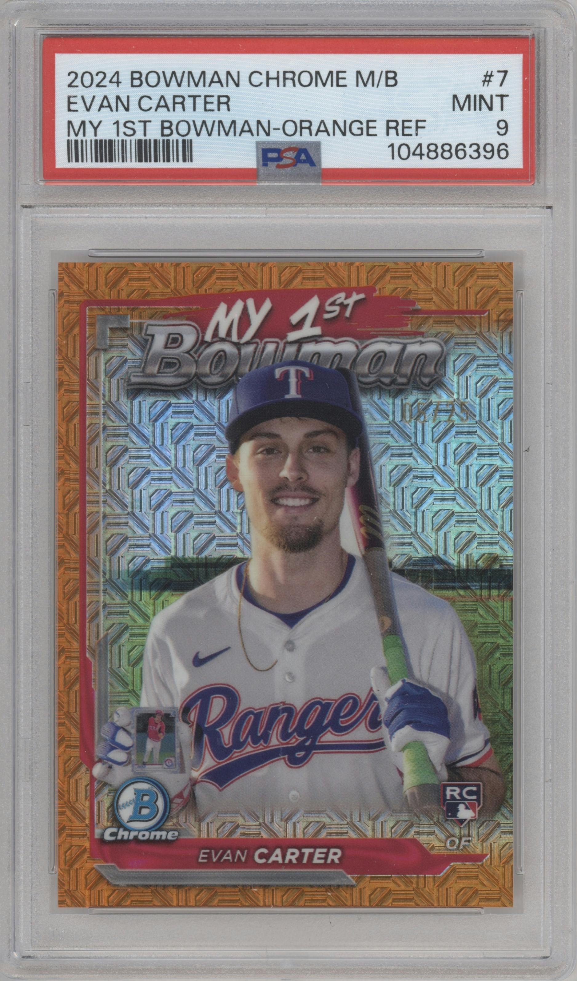 Evan Carter from the 2024 Bowman Chrome Mega Box set featuring a Orange Refractor parallel graded by PSA and given an overall grade of 9.