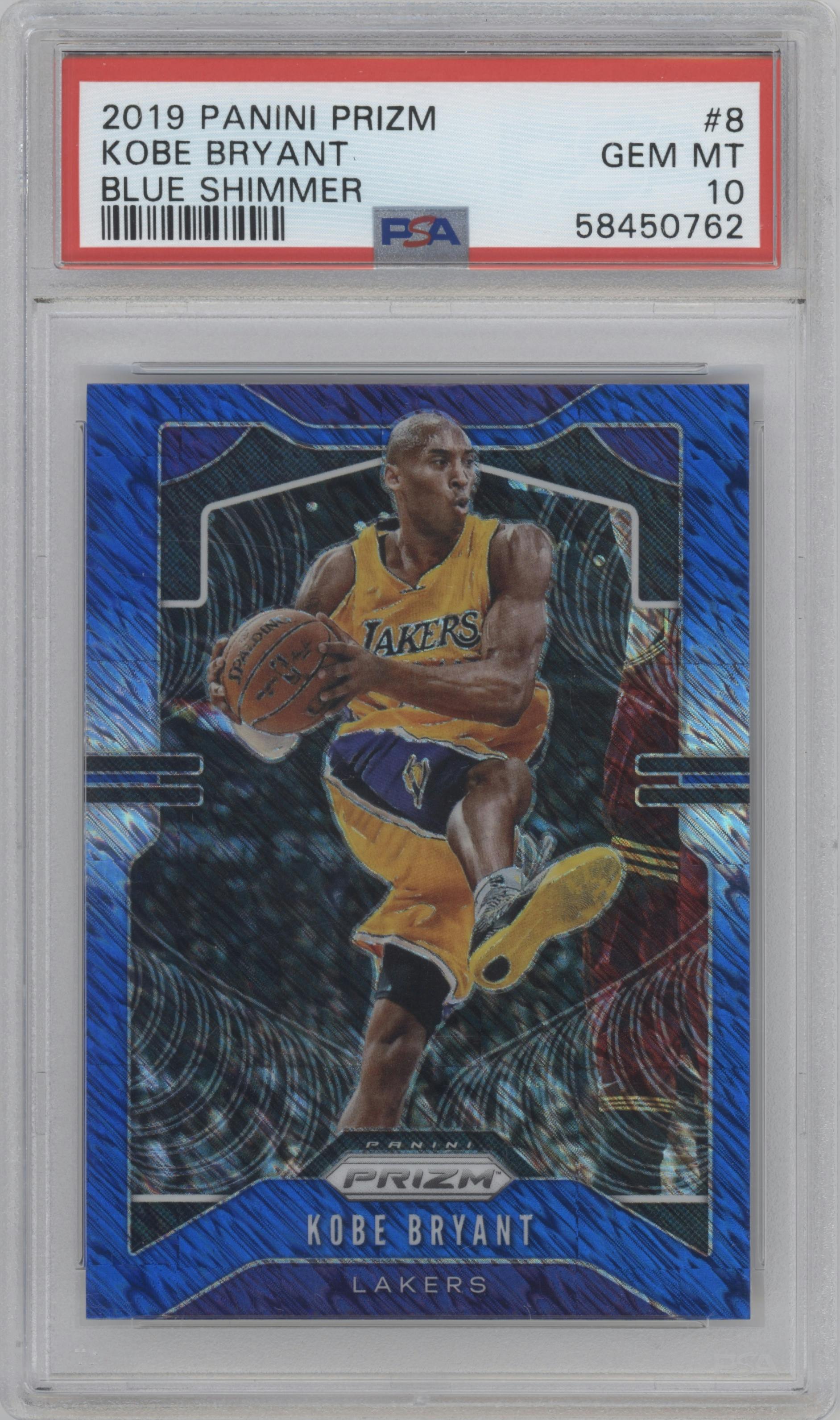 Kobe Bryant from the 2019-20 Panini Prizm set featuring a Blue Shimmer parallel graded by PSA and given an overall grade of 10.