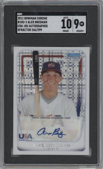 Alex Bregman from the 2011 Bowman Chrome set featuring a X-Fractor parallel graded by SGC and given an overall grade of 9.
