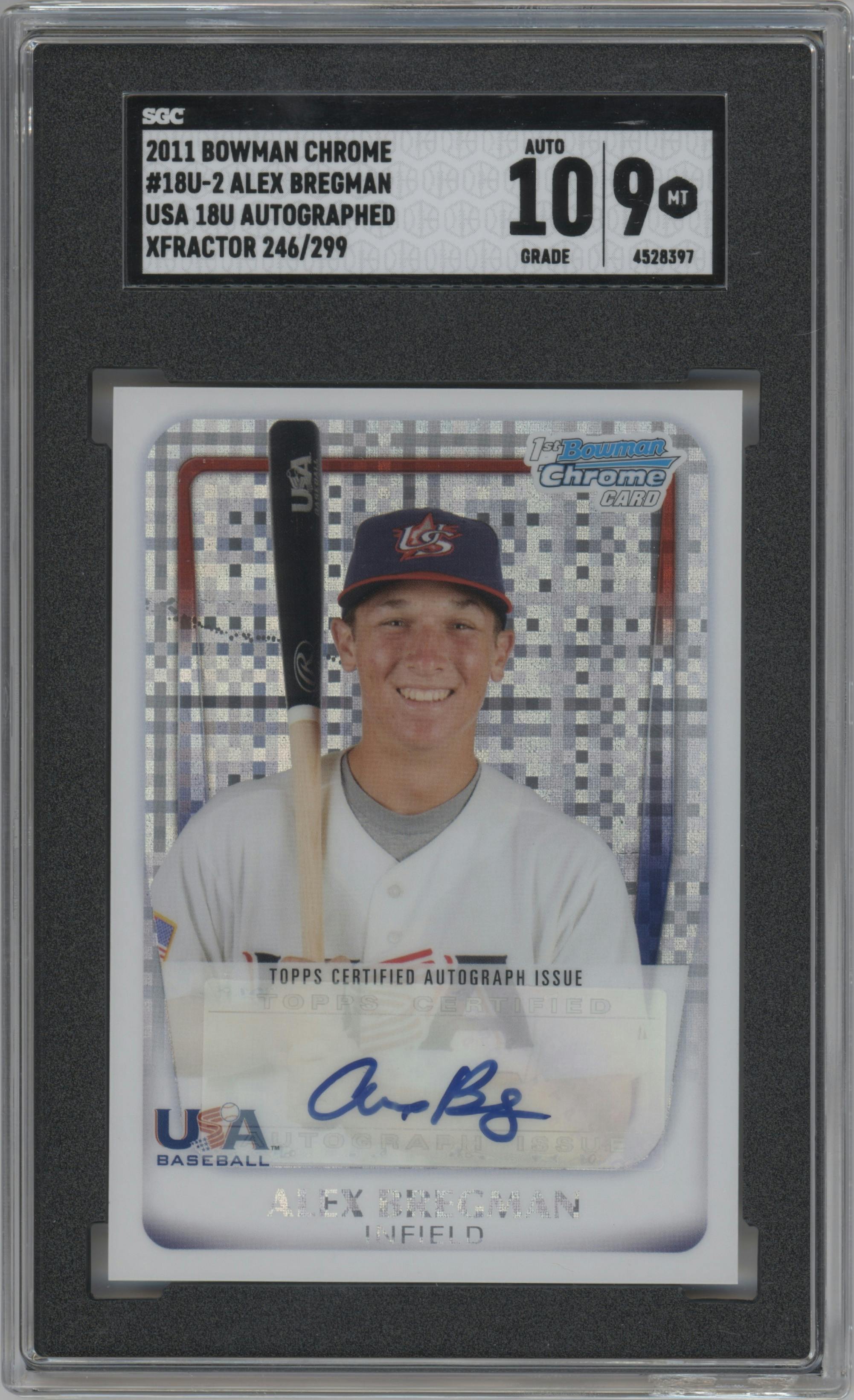 Alex Bregman from the 2011 Bowman Chrome set featuring a X-Fractor parallel graded by SGC and given an overall grade of 9.