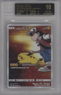 Red's Pikachu from the 2018 Pokemon S&M JPN  set featuring a Pokemon Center 20th Anniversary Campaign parallel graded by Beckett and given an overall grade of 10.