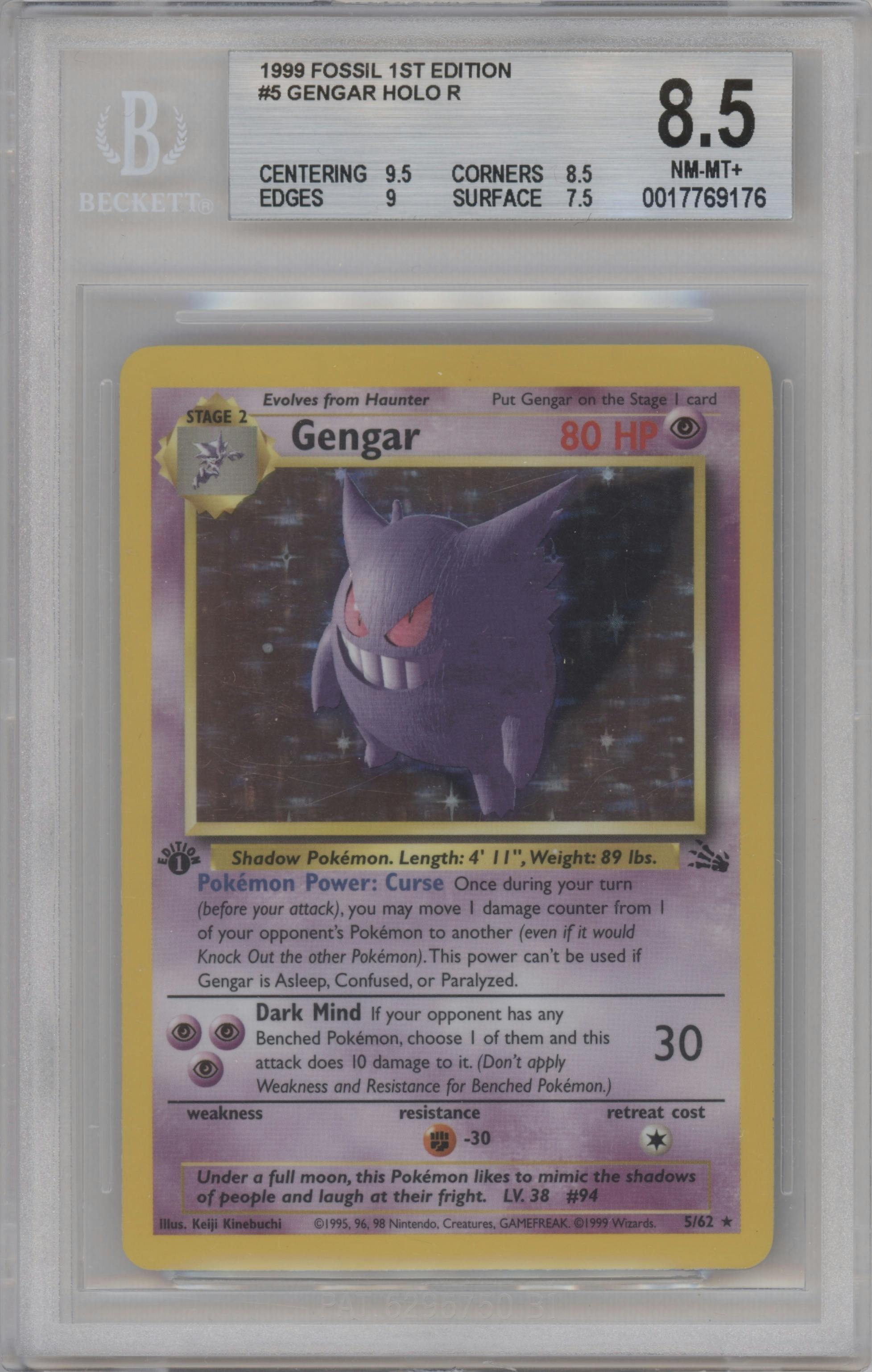 Gengar from the 1999 Pokemon set graded by Beckett and given an overall grade of 8.5.