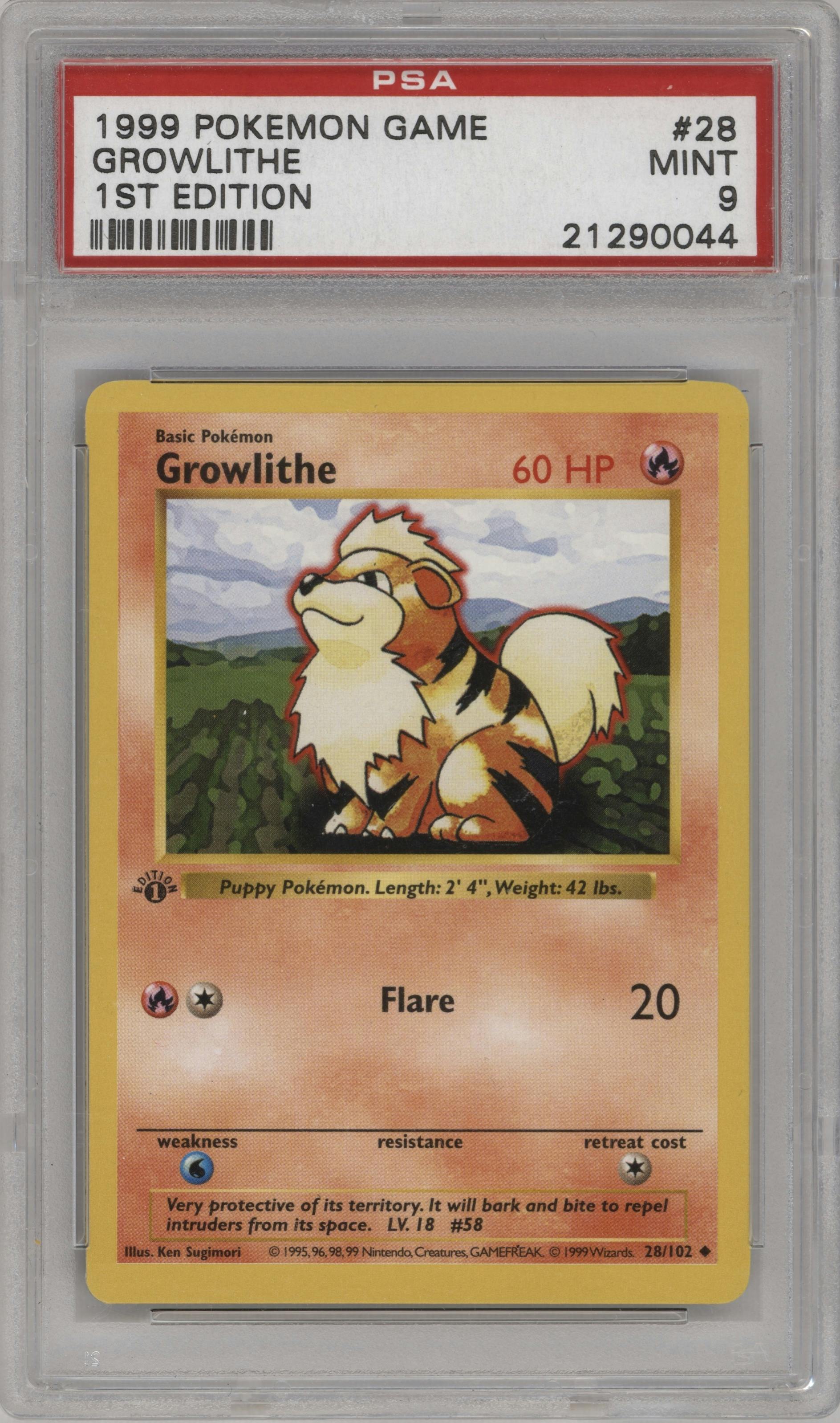 Growlithe from the 1999 Pokemon set graded by PSA and given an overall grade of 9.