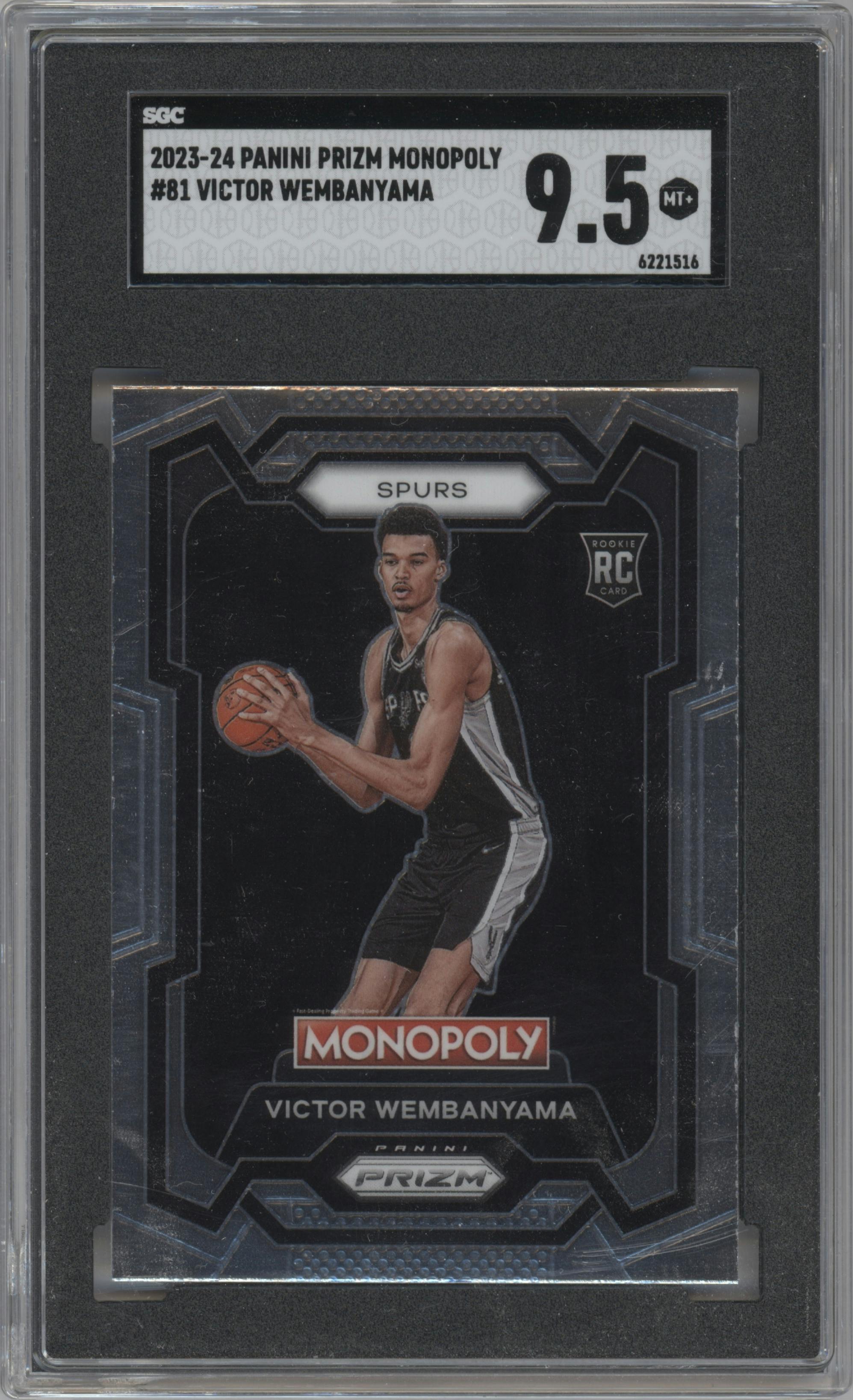 Victor Wembanyama from the 2023-24 Panini Prizm Monopoly set graded by SGC and given an overall grade of 9.5.