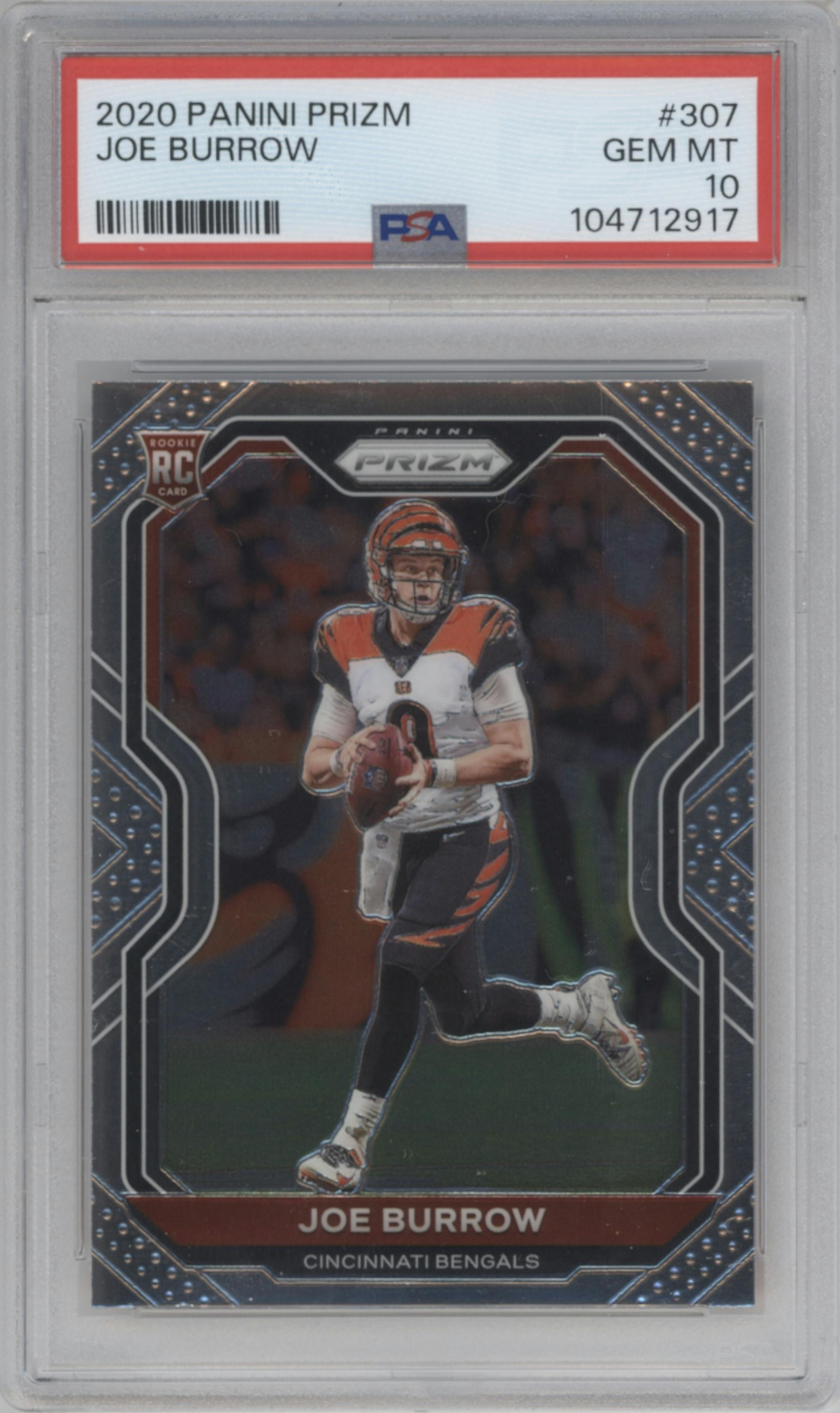 Joe Burrow from the 2020 Panini Prizm set graded by PSA and given an overall grade of 10.