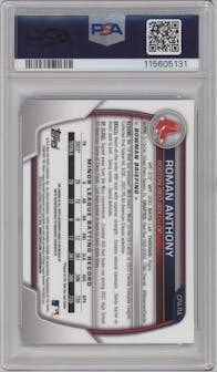 Roman Anthony from the 2023 Bowman  set featuring a Blue Refractor parallel graded by PSA and given an overall grade of 9.
