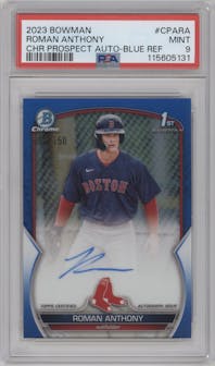 Roman Anthony from the 2023 Bowman  set featuring a Blue Refractor parallel graded by PSA and given an overall grade of 9.