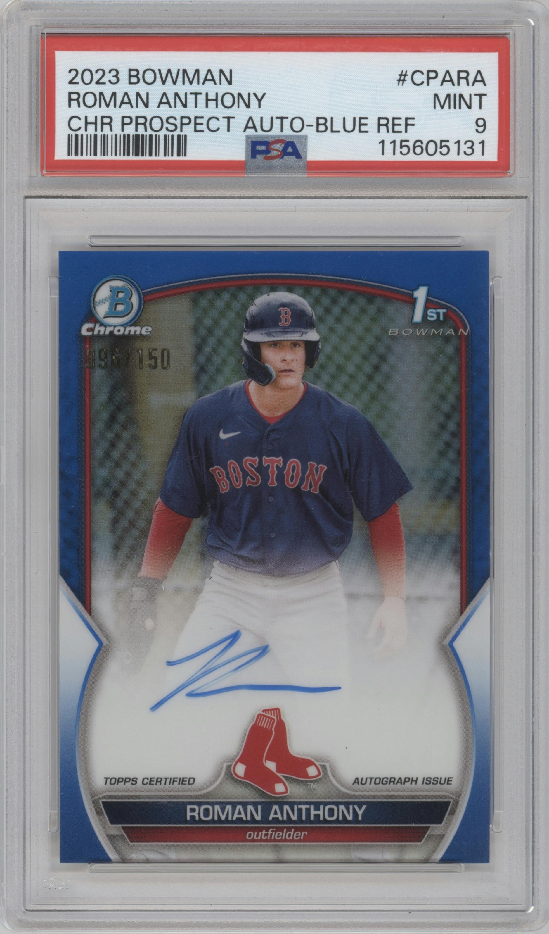 Roman Anthony from the 2023 Bowman  set featuring a Blue Refractor parallel graded by PSA and given an overall grade of 9.