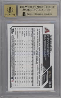 Corbin Carroll from the 2023 Topps Chrome Logofractor Edition set featuring a Orange Refractor parallel graded by Beckett and given an overall grade of 9.5.