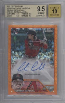 Corbin Carroll from the 2023 Topps Chrome Logofractor Edition set featuring a Orange Refractor parallel graded by Beckett and given an overall grade of 9.5.