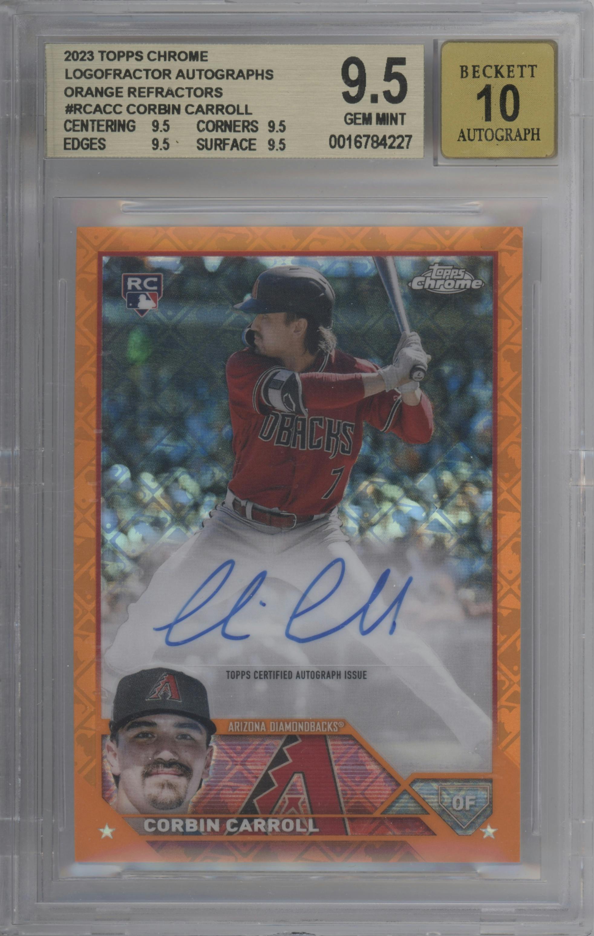 Corbin Carroll from the 2023 Topps Chrome Logofractor Edition set featuring a Orange Refractor parallel graded by Beckett and given an overall grade of 9.5.