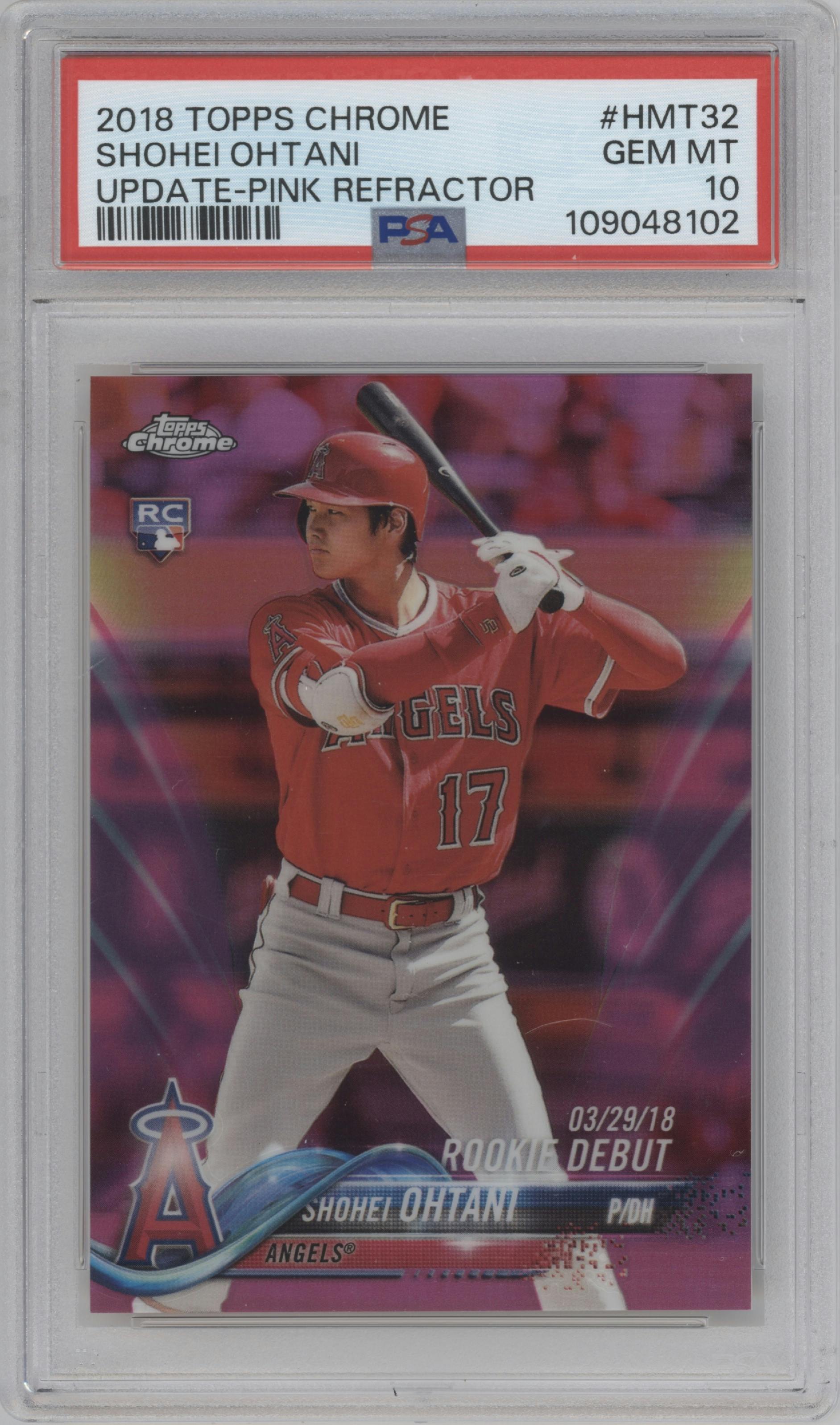 Shohei Ohtani from the 2018 Topps Chrome Update  set featuring a Pink Refractor parallel graded by PSA and given an overall grade of 10.