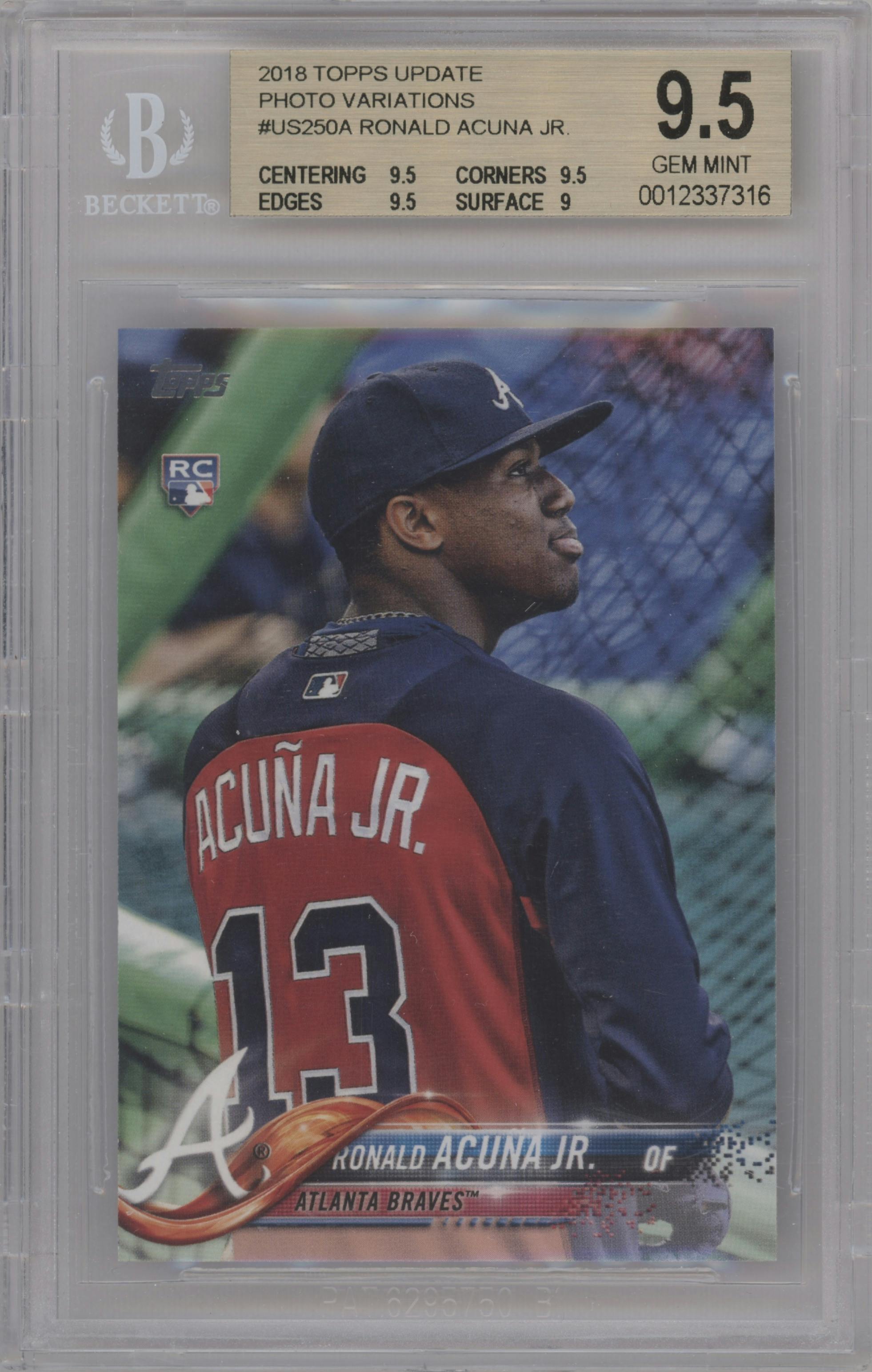 Ronald Acuna Jr. from the 2018 Topps Update set graded by Beckett and given an overall grade of 9.5.
